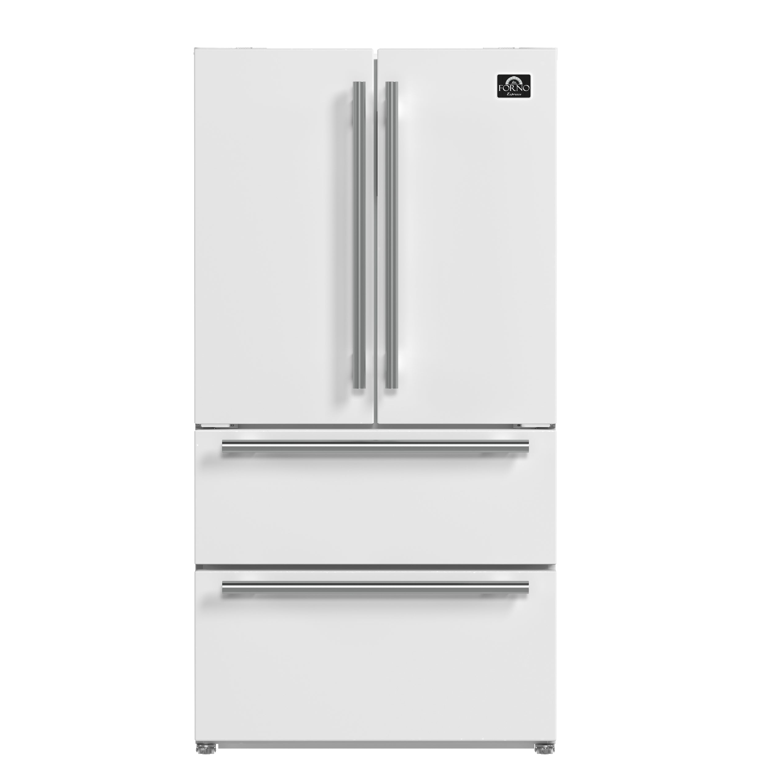 FORNO Premium 2 Pieces Kitchen Bundle - Leonardo Espresso 30-Inch White Electric Range, Moena Espresso 36-Inch White French Door Refrigerator