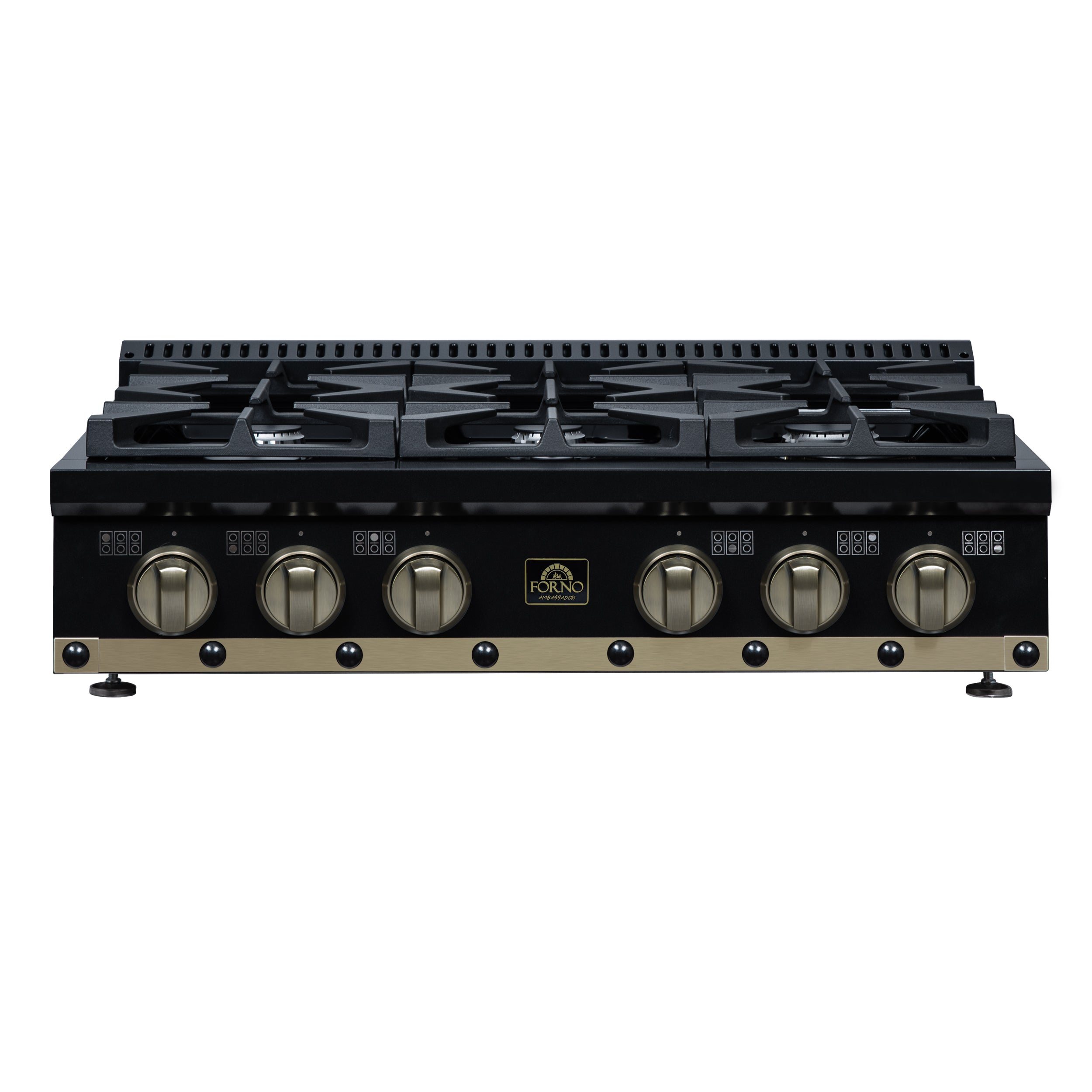 Valente 36" Gas Cooktop in Black, 6 Sealed burners, 71,000 BUT Output, 1 Antique Brass Dual-Ring Burner, Continuous Cast Iron Grates