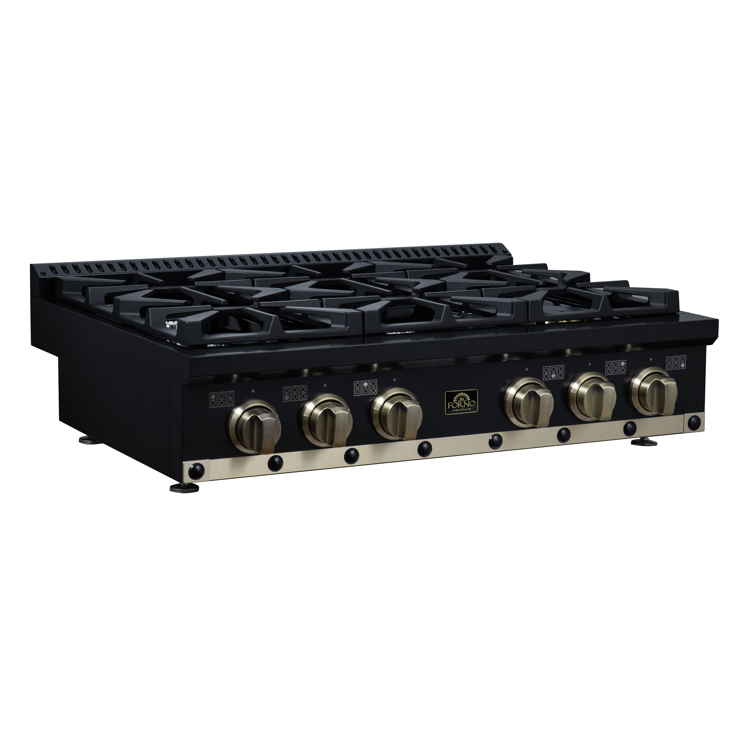 Valente 36" Gas Cooktop in Black, 6 Sealed burners, 71,000 BUT Output, 1 Antique Brass Dual-Ring Burner, Continuous Cast Iron Grates