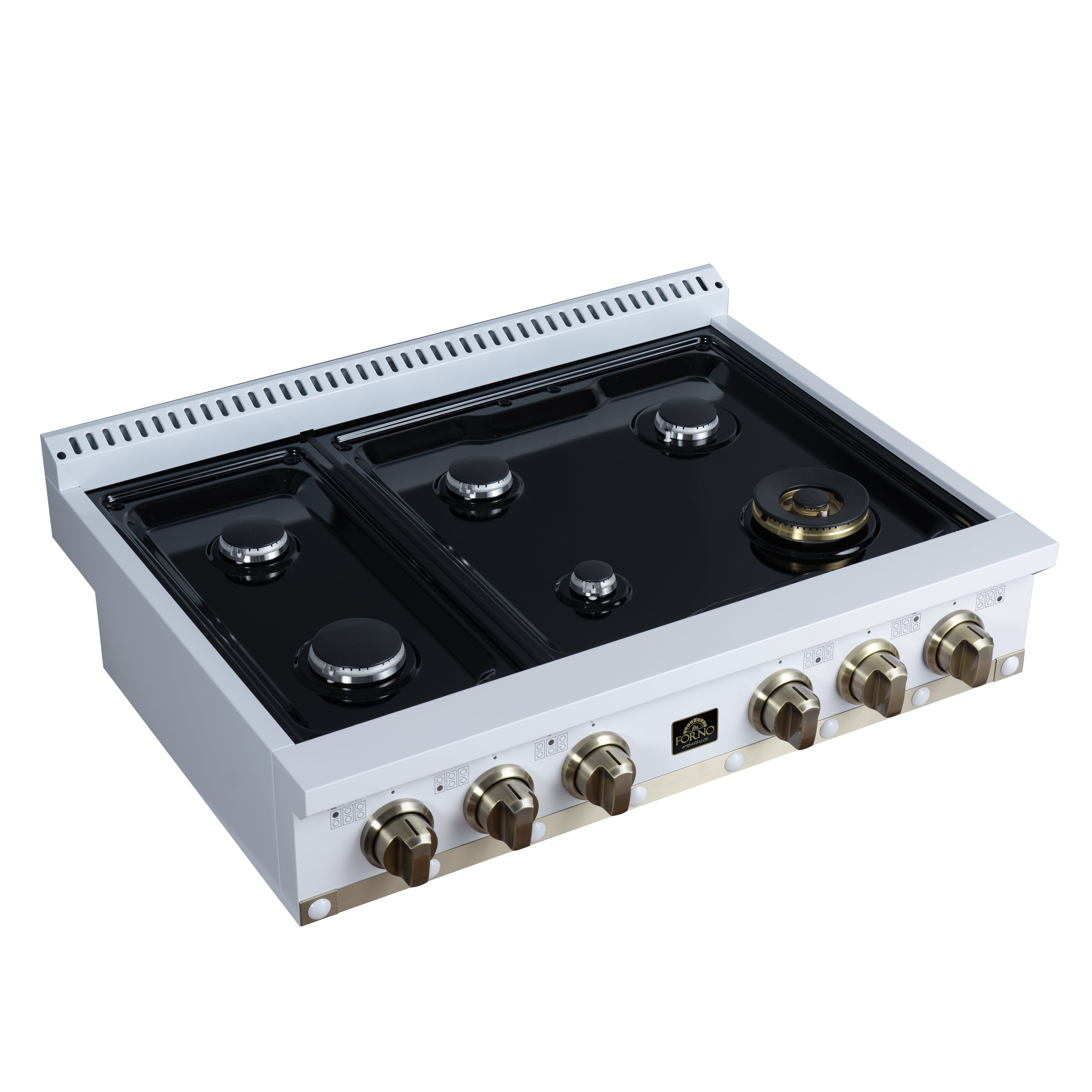 Valente 36" Gas Cooktop in White, 6 Sealed burners, 71,000 BUT Output, 1 Antique Brass Dual-Ring Burner, Continuous Cast Iron Grates