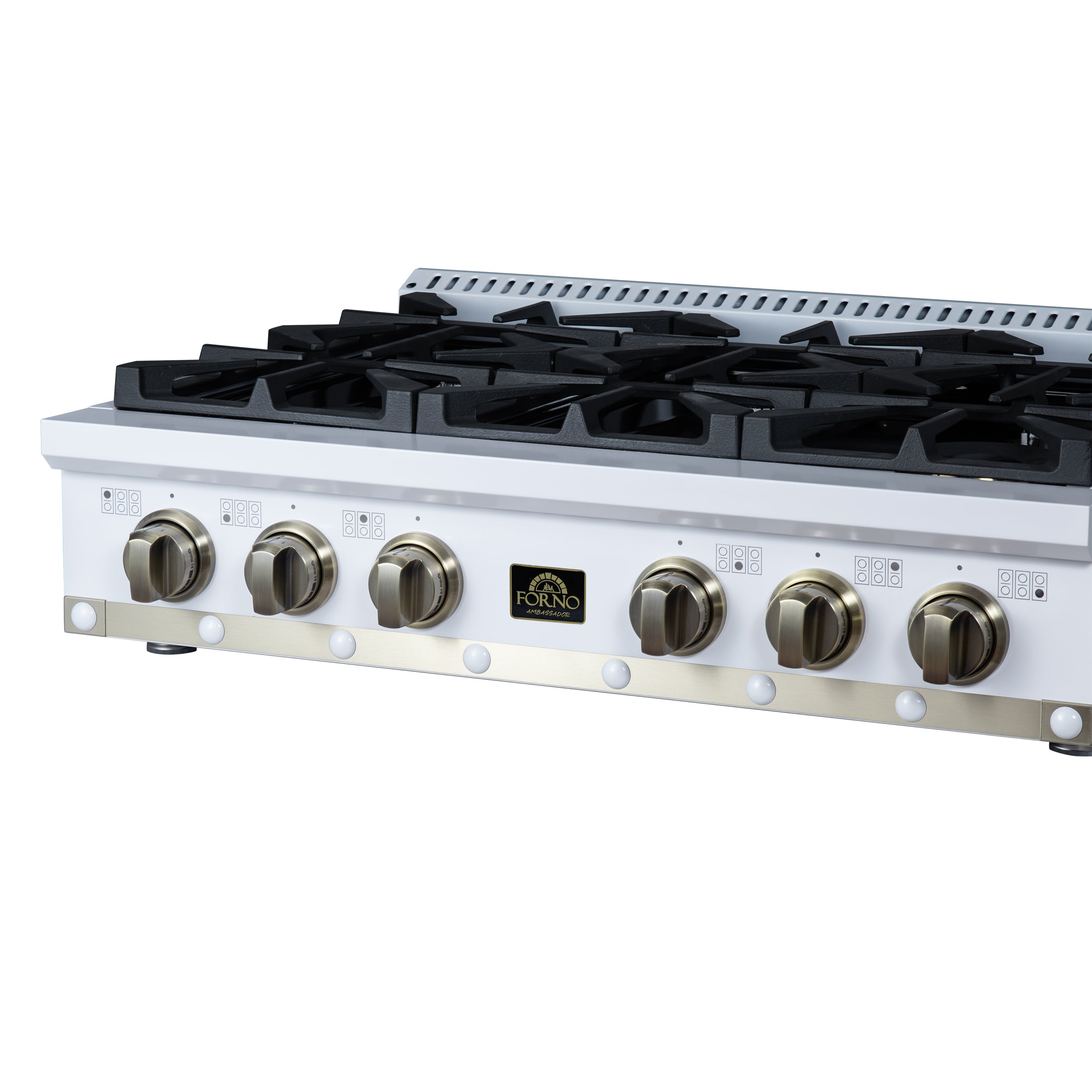 Valente 36" Gas Cooktop in White, 6 Sealed burners, 71,000 BUT Output, 1 Antique Brass Dual-Ring Burner, Continuous Cast Iron Grates