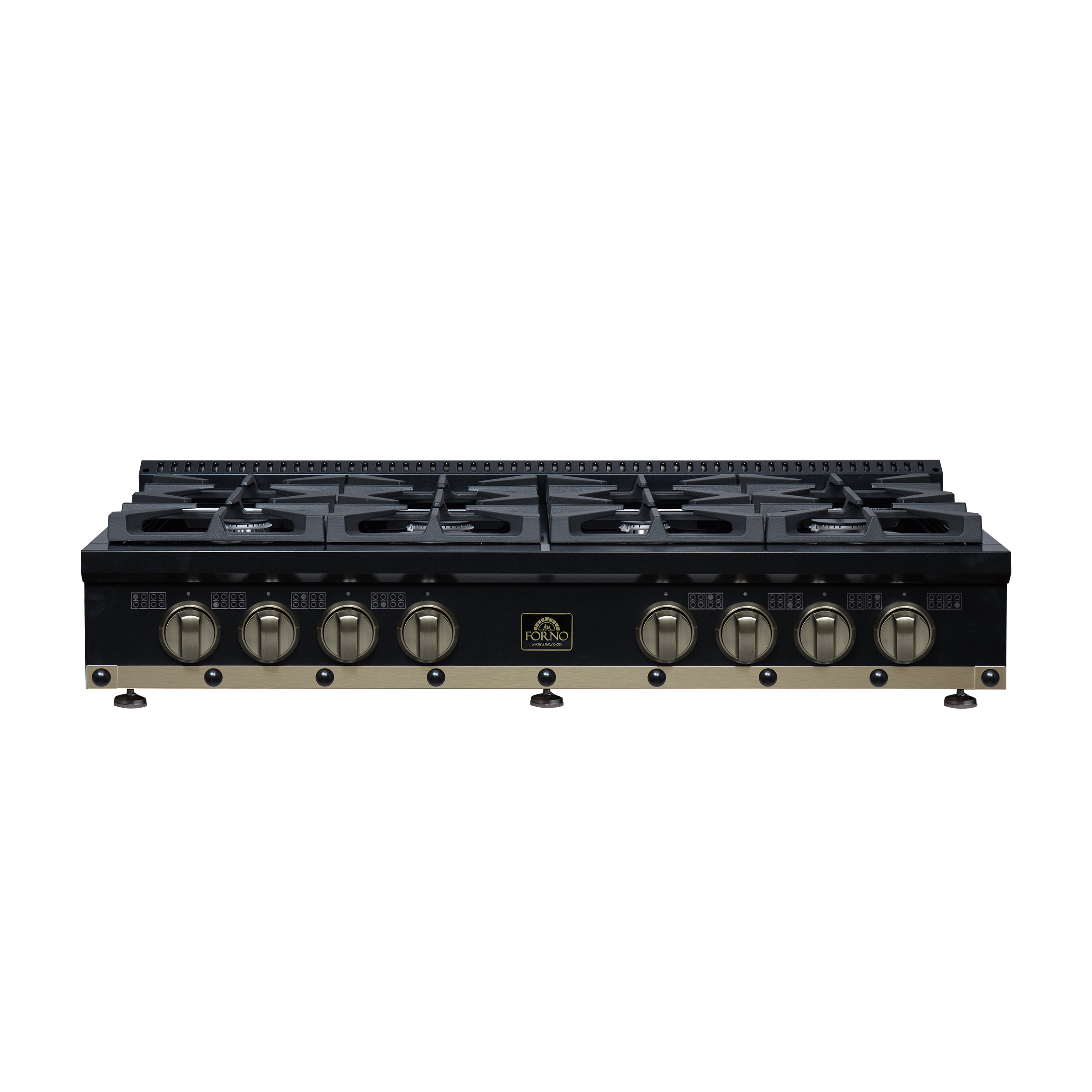 Valente 48" Gas Cooktop in Black, 8 Sealed burners, 94,000 BUT Output, 2 Antique Brass Dual-Ring Burners, Continuous Cast Iron Grates