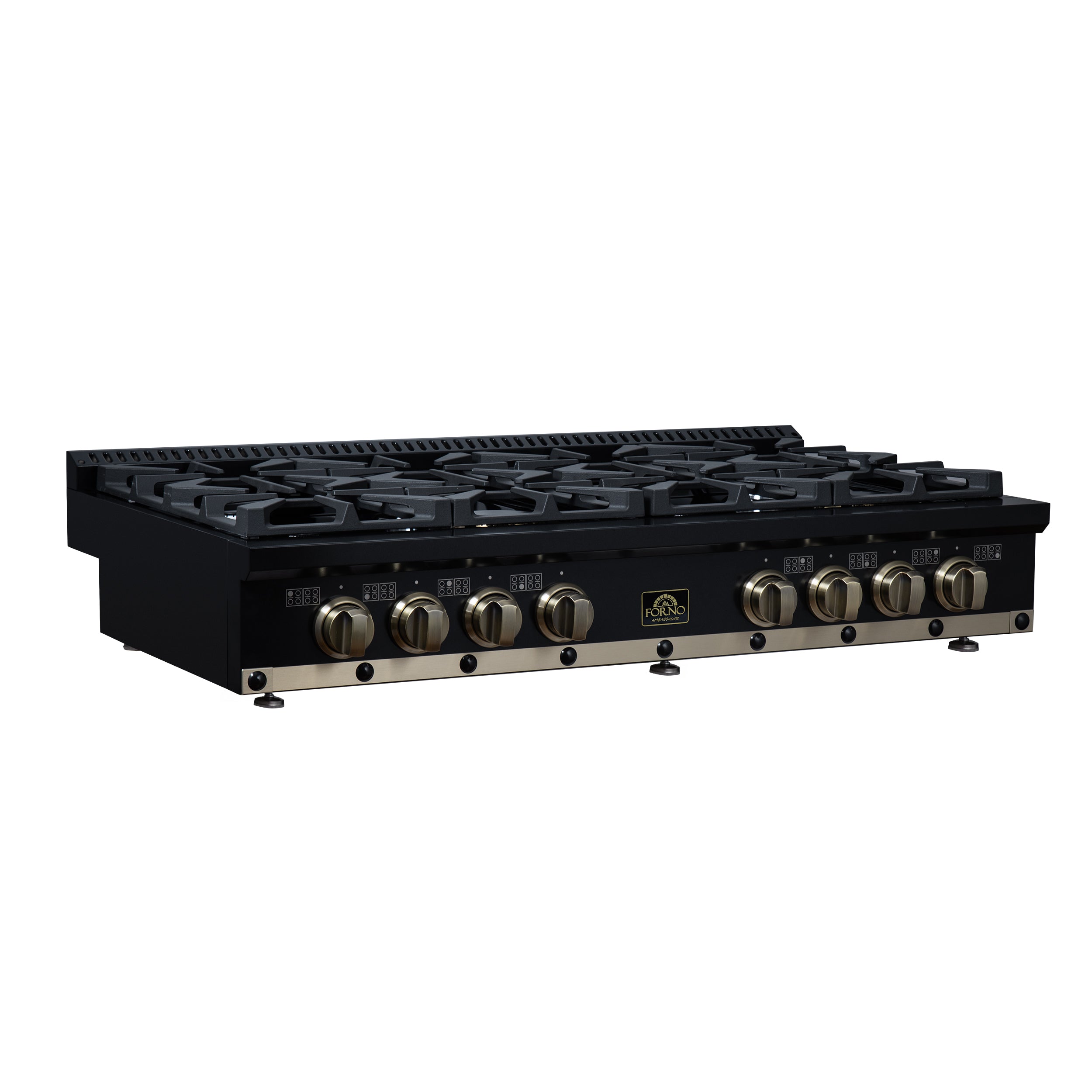 Valente 48" Gas Cooktop in Black, 8 Sealed burners, 94,000 BUT Output, 2 Antique Brass Dual-Ring Burners, Continuous Cast Iron Grates