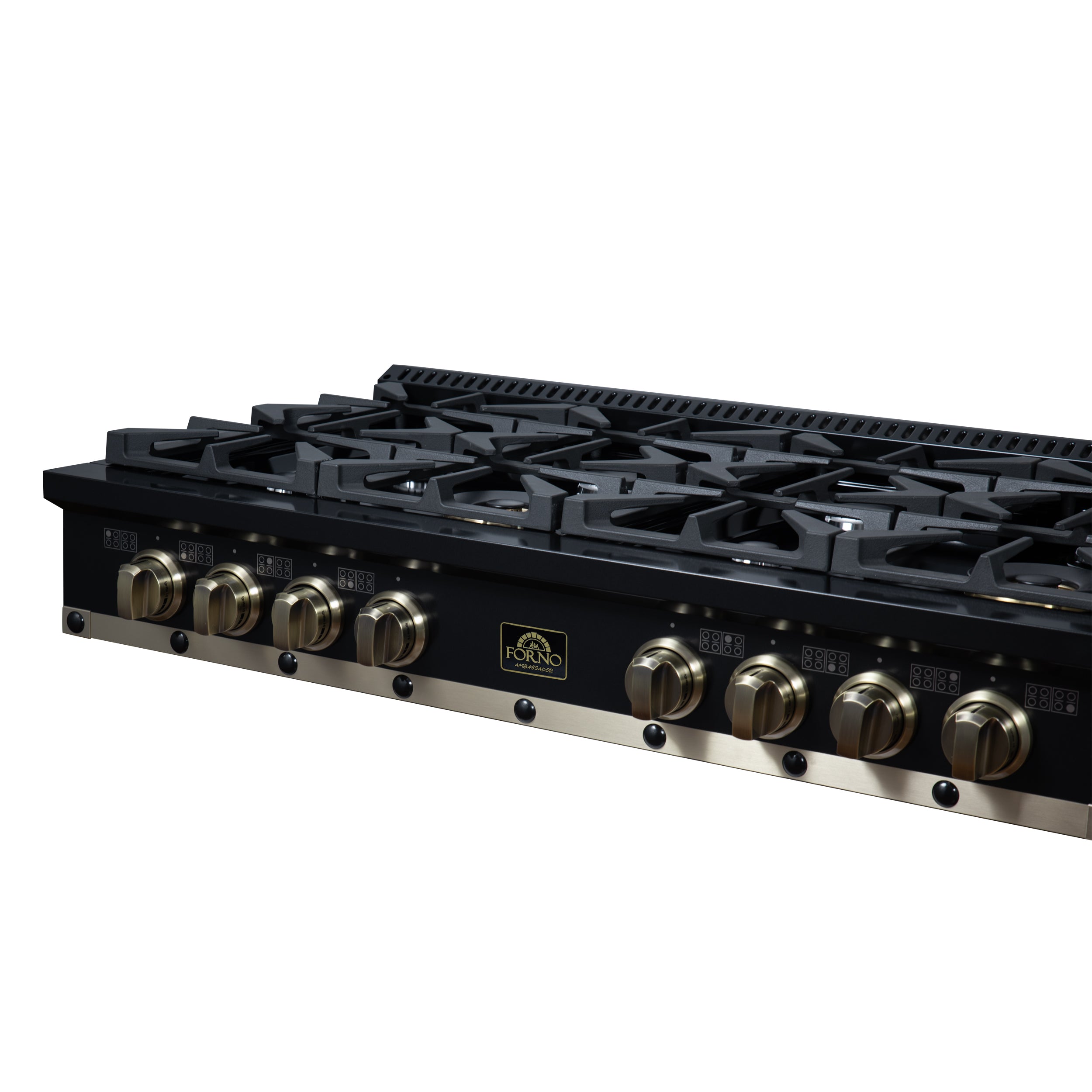 Valente 48" Gas Cooktop in Black, 8 Sealed burners, 94,000 BUT Output, 2 Antique Brass Dual-Ring Burners, Continuous Cast Iron Grates