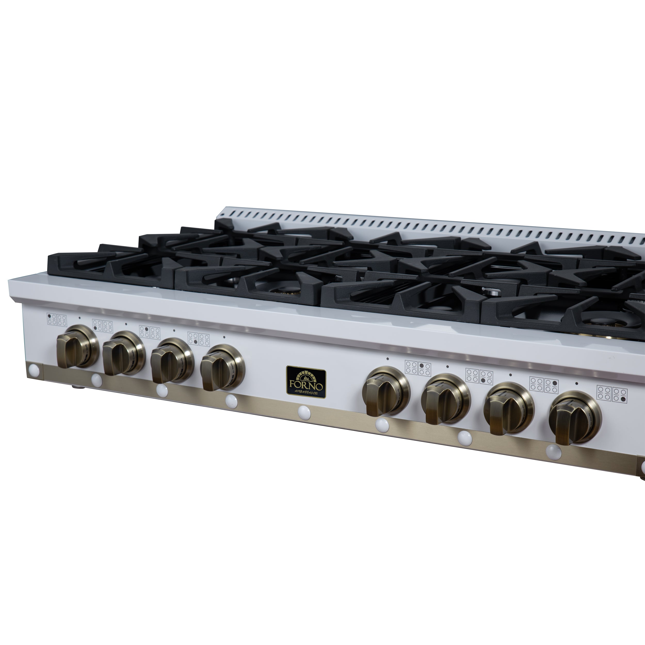 Valente 48" Gas Cooktop in White, 8 Sealed burners, 94,000 BUT Output, 2 Antique Brass Dual-Ring Burners, Continuous Cast Iron Grates
