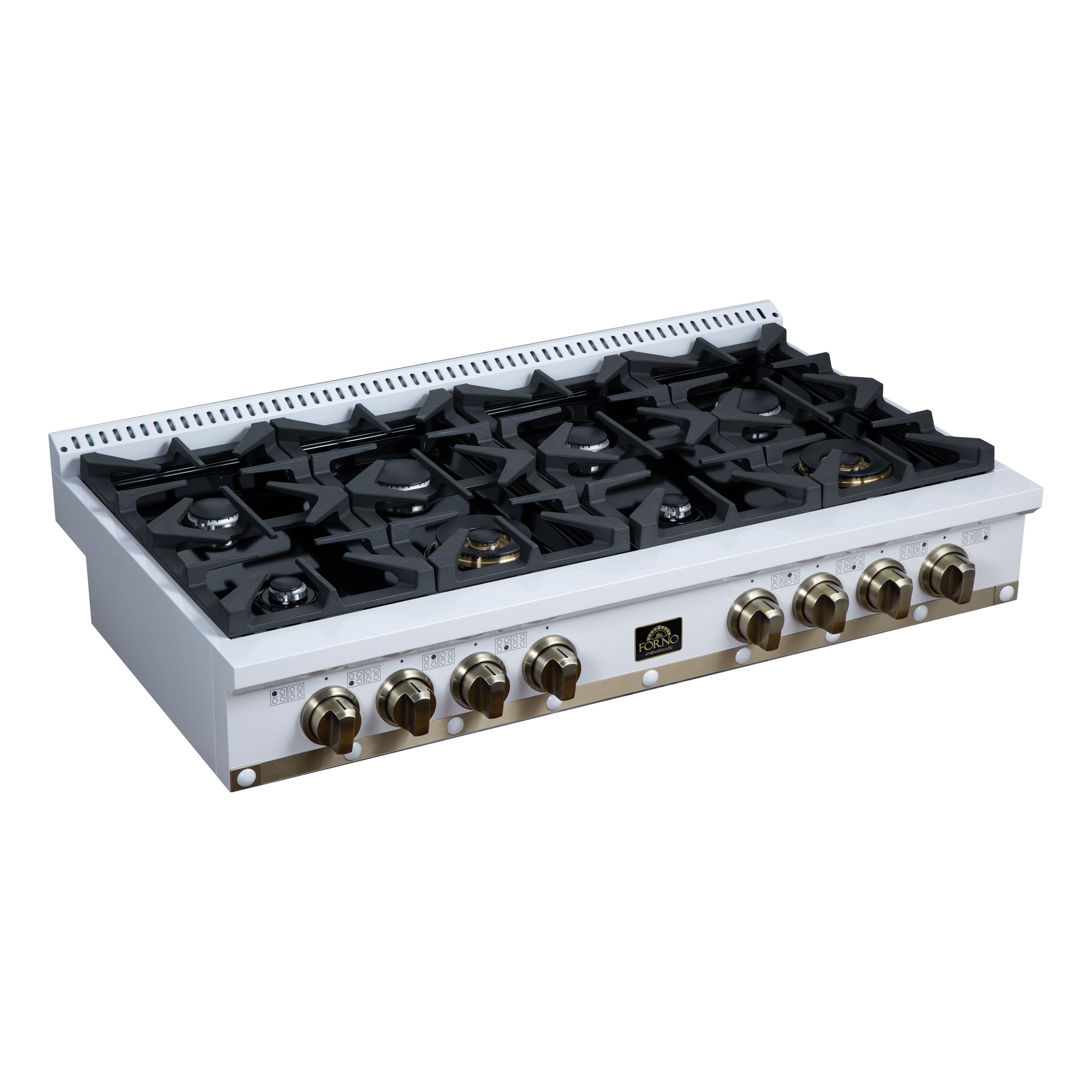Valente 48" Gas Cooktop in White, 8 Sealed burners, 94,000 BUT Output, 2 Antique Brass Dual-Ring Burners, Continuous Cast Iron Grates