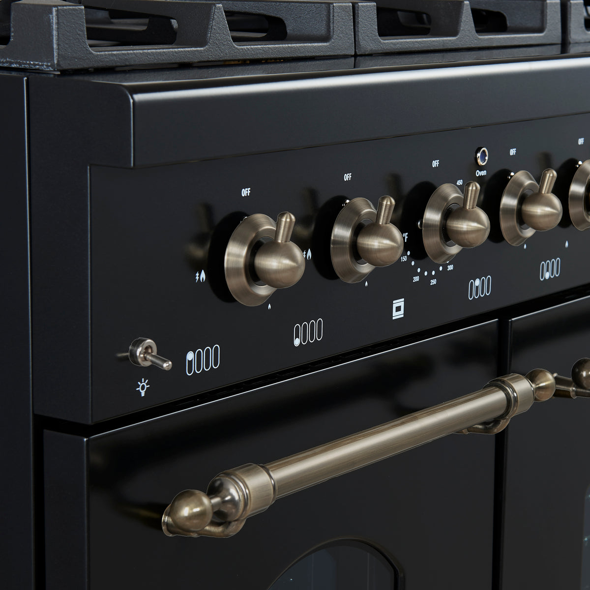 Forno Antico 48-Inch Freestanding Gas Range, Black, Antique Brass Design, 8 Burners, Griddle, Double Ovens, Energy Efficient