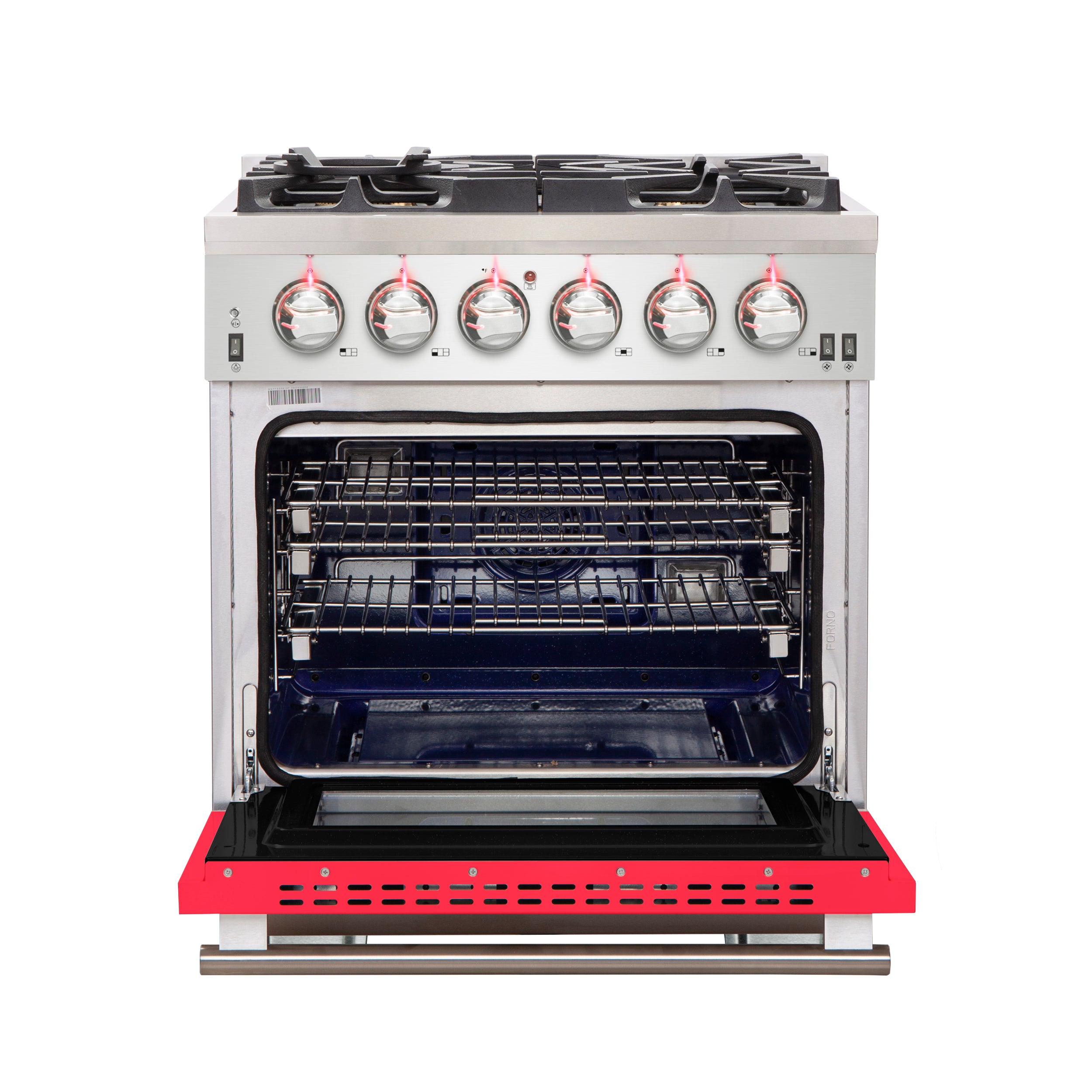 Forno Capriasca 30-Inch Freestanding Gas Range, 4 Burners, True Convection Oven, Red Door