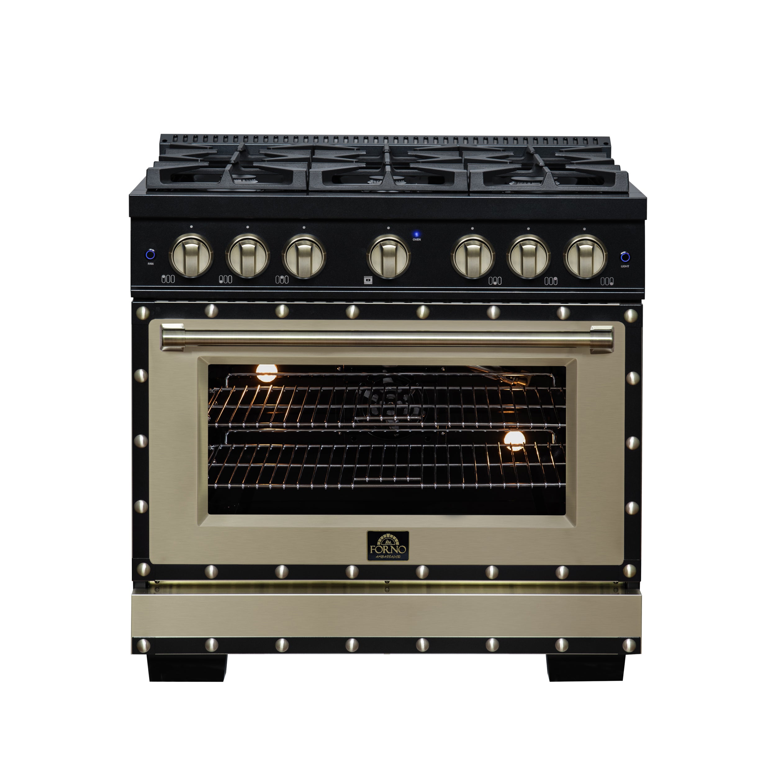Valente 36" Gas Range in Black, 6 Sealed Burnes, 71 000 BTU Cooktop Output , 5.2 Cu.Ft. convection Oven, Telescopic Racks