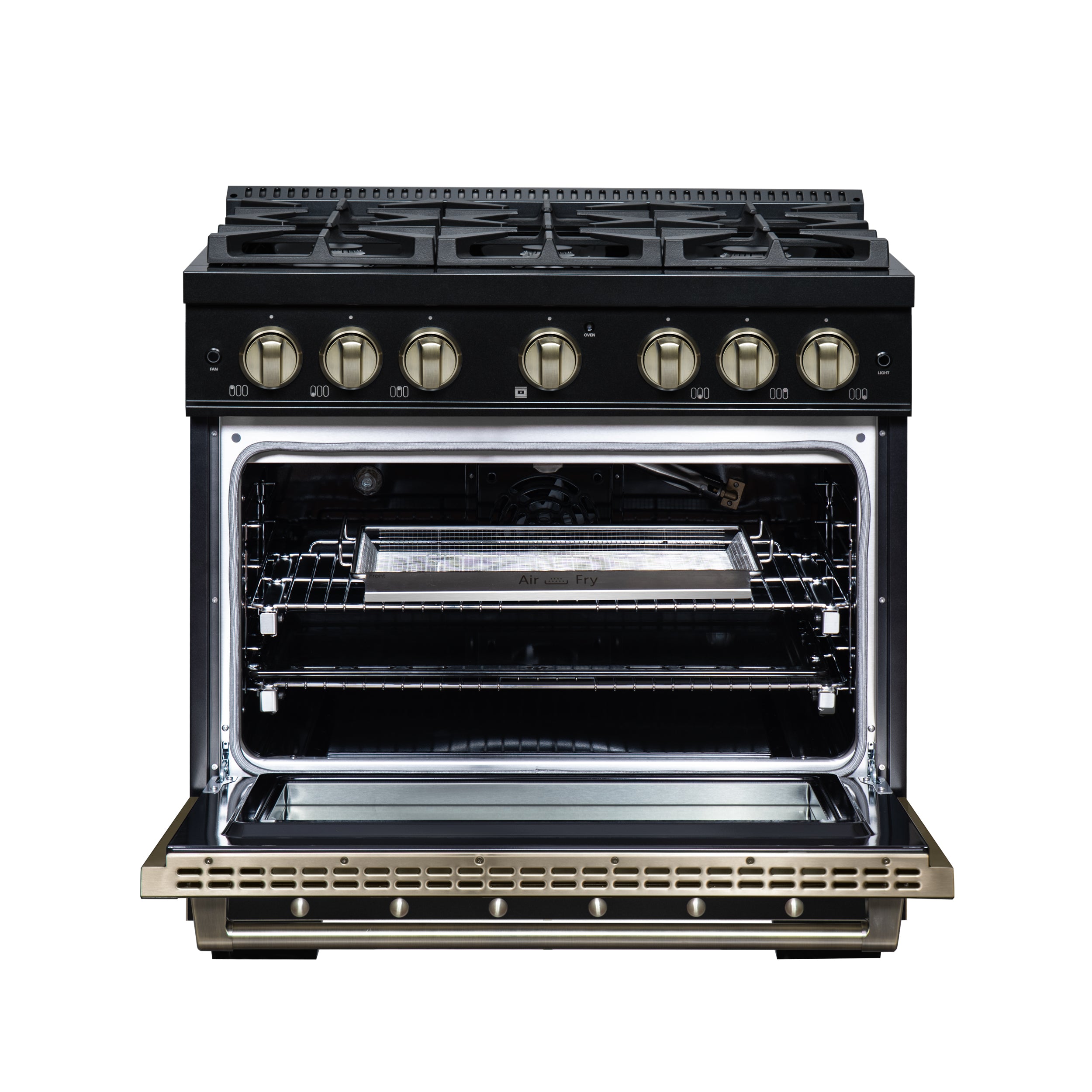Valente 36" Gas Range in Black, 6 Sealed Burnes, 71 000 BTU Cooktop Output , 5.2 Cu.Ft. convection Oven, Telescopic Racks