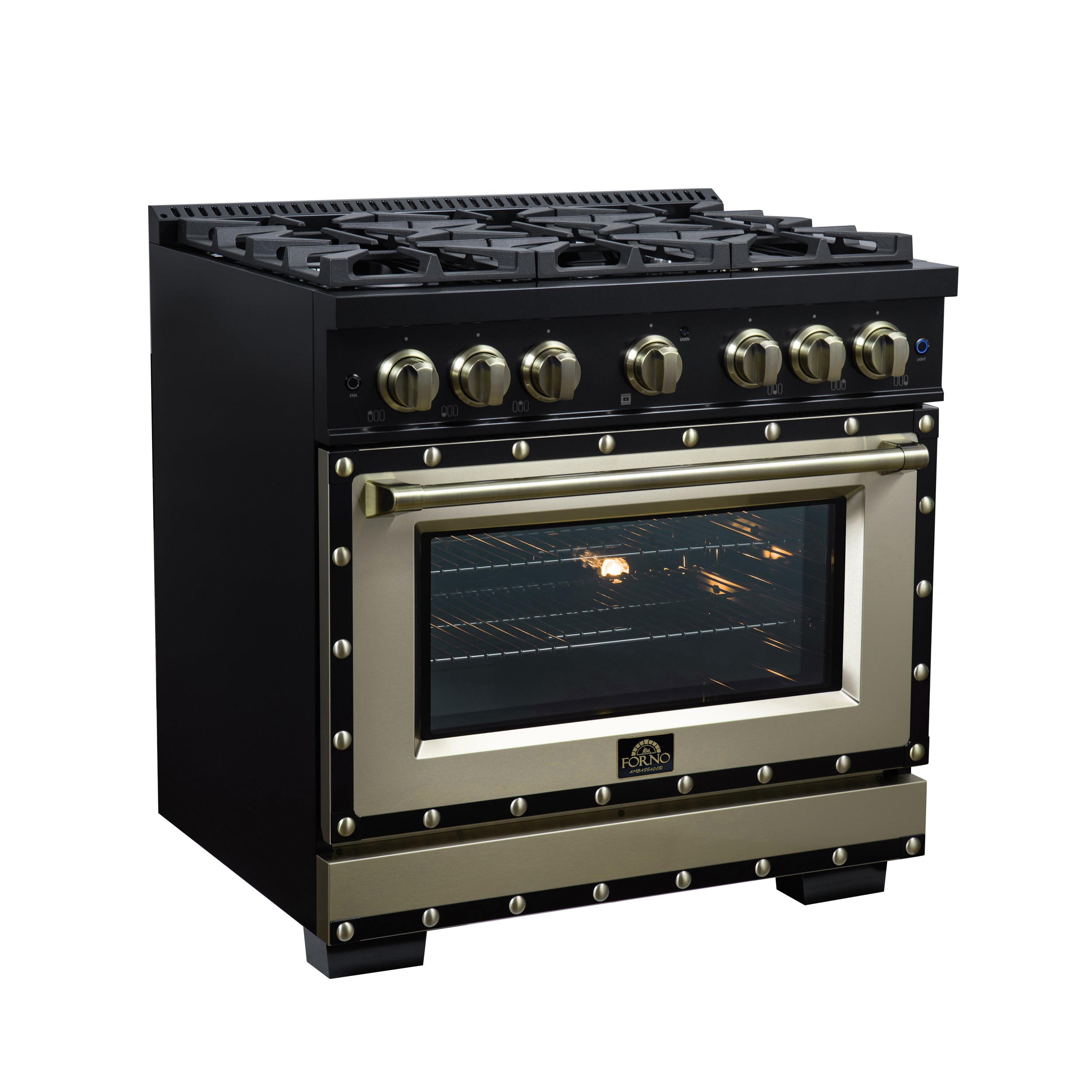 Valente 36" Gas Range in Black, 6 Sealed Burnes, 71 000 BTU Cooktop Output , 5.2 Cu.Ft. convection Oven, Telescopic Racks