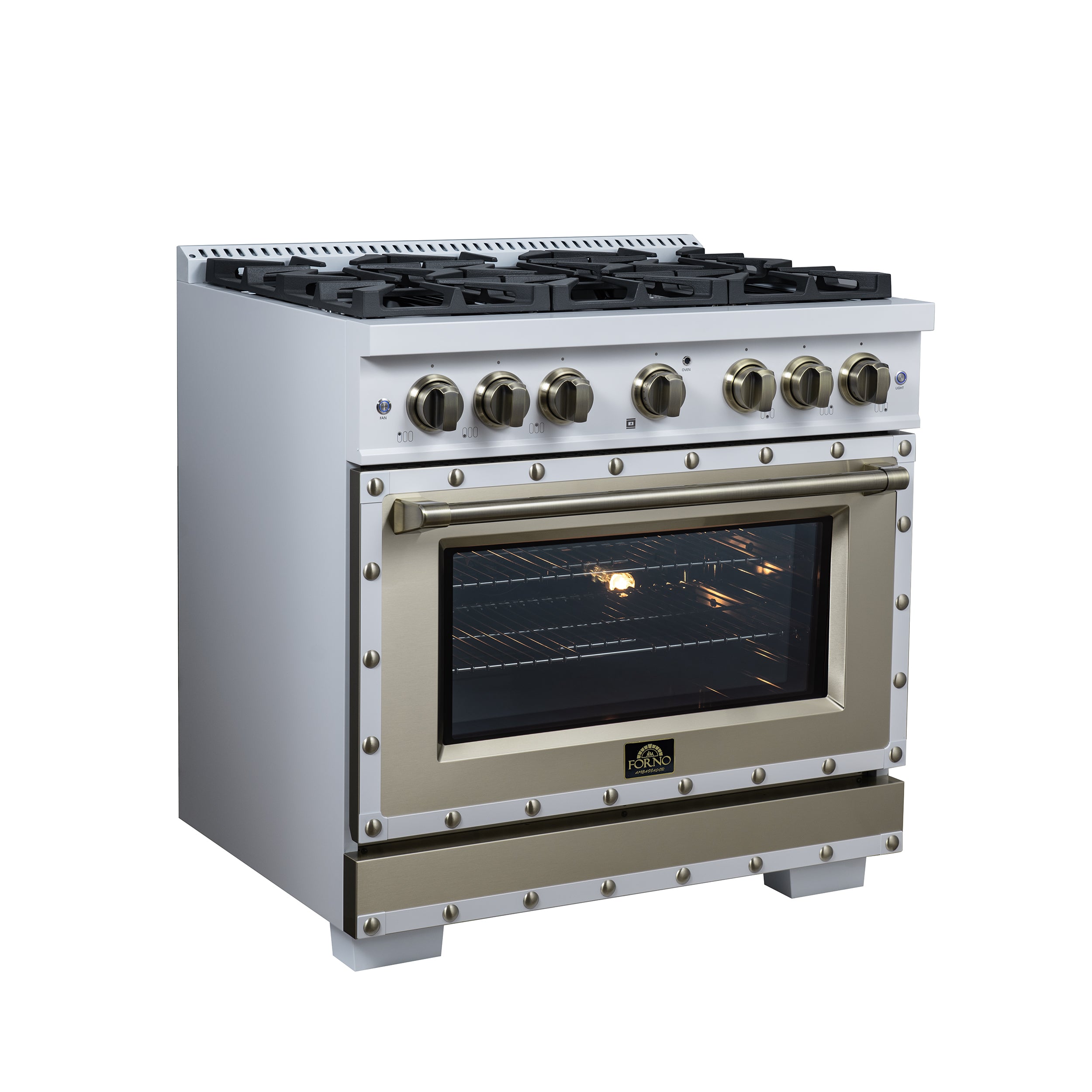 Valente 36" Gas Range in White, 6 Sealed Burnes, 71 000 BTU Cooktop Output , 5.2 Cu.Ft. convection Oven, Telescopic Racks