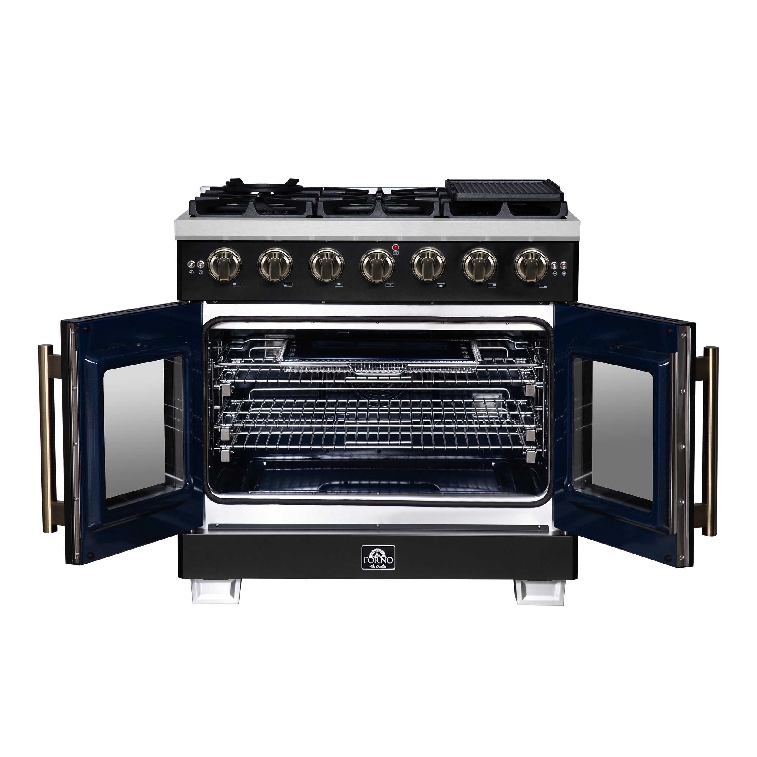 Forno Capriasca 36-Inch Black Freestanding French Door Gas Range, 6 Burners, Convection Oven, Energy Efficient