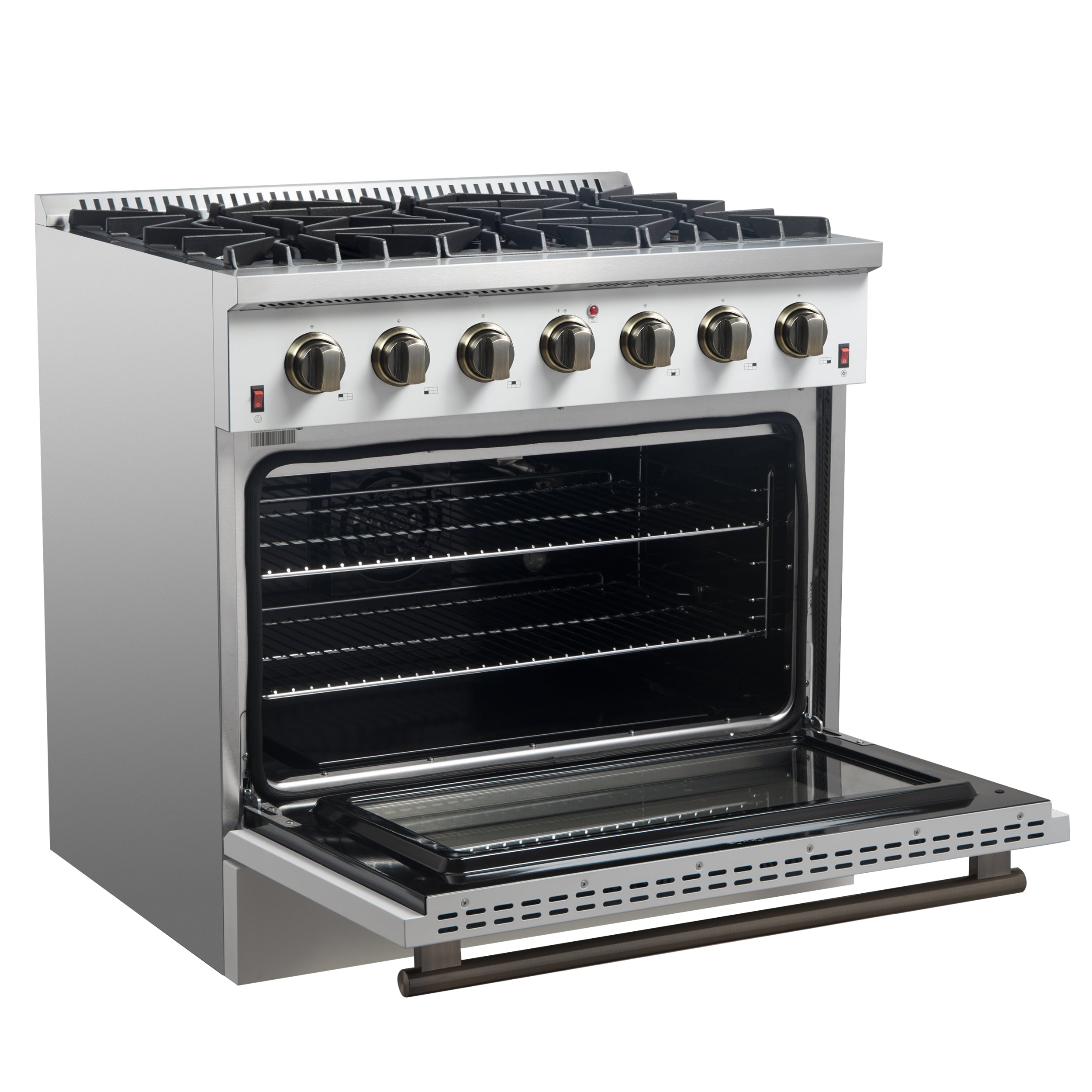 Forno Galiano 36-inch Freestanding Gas Range in White with Antique Brass Design, 6 Burners, 83,000 BTU, 5.36 cu.ft. Convection Oven