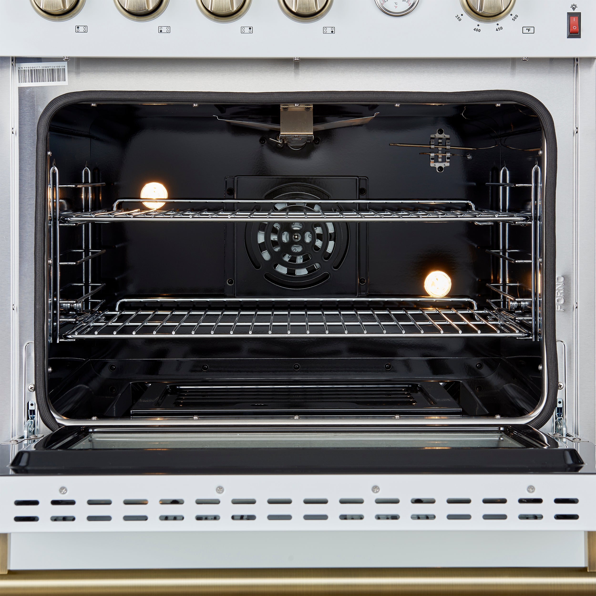 Marco 30-inch Gas Range White & Antique Brass Design, 4 Burners 37,000 BTU, 4.32 cu.ft. Convection Oven