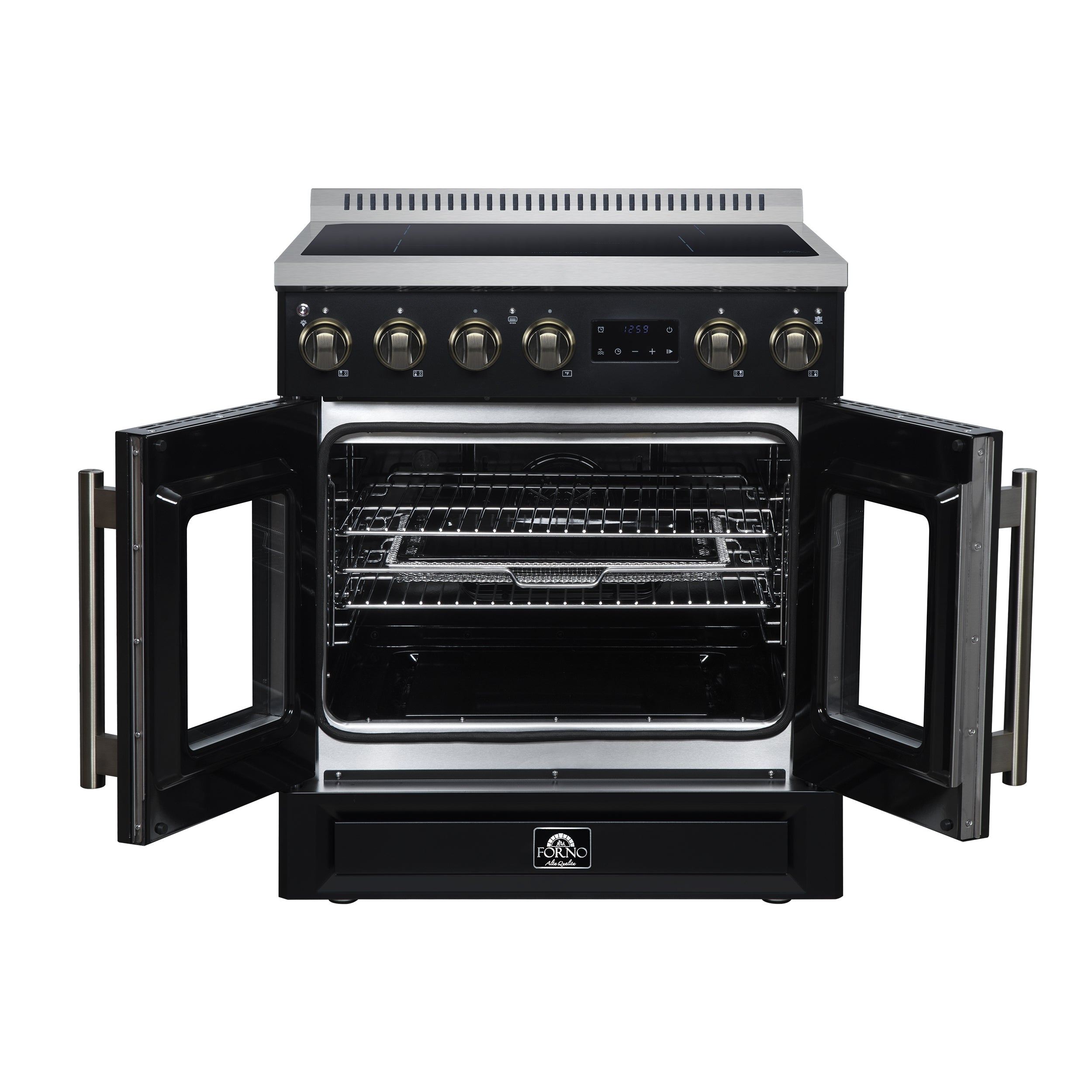 Torino French Door 30 Inch Induction Range with Air Fryer, Air Sous Vide & True Convection, Dual Broiler, Black