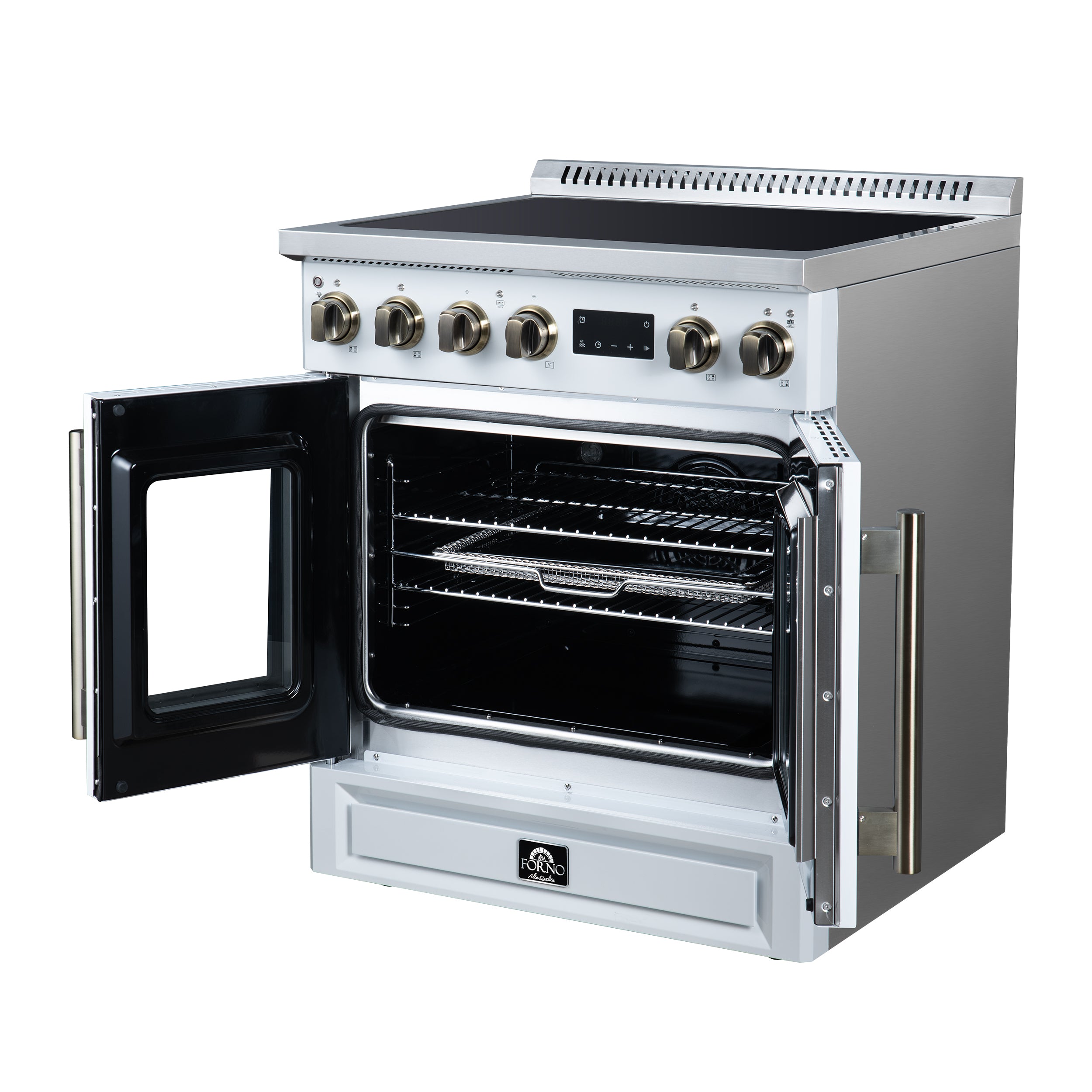 Torino French Door 30 Inch Induction Range with Air Fryer, Air Sous Vide & True Convection, Dual Broiler, White