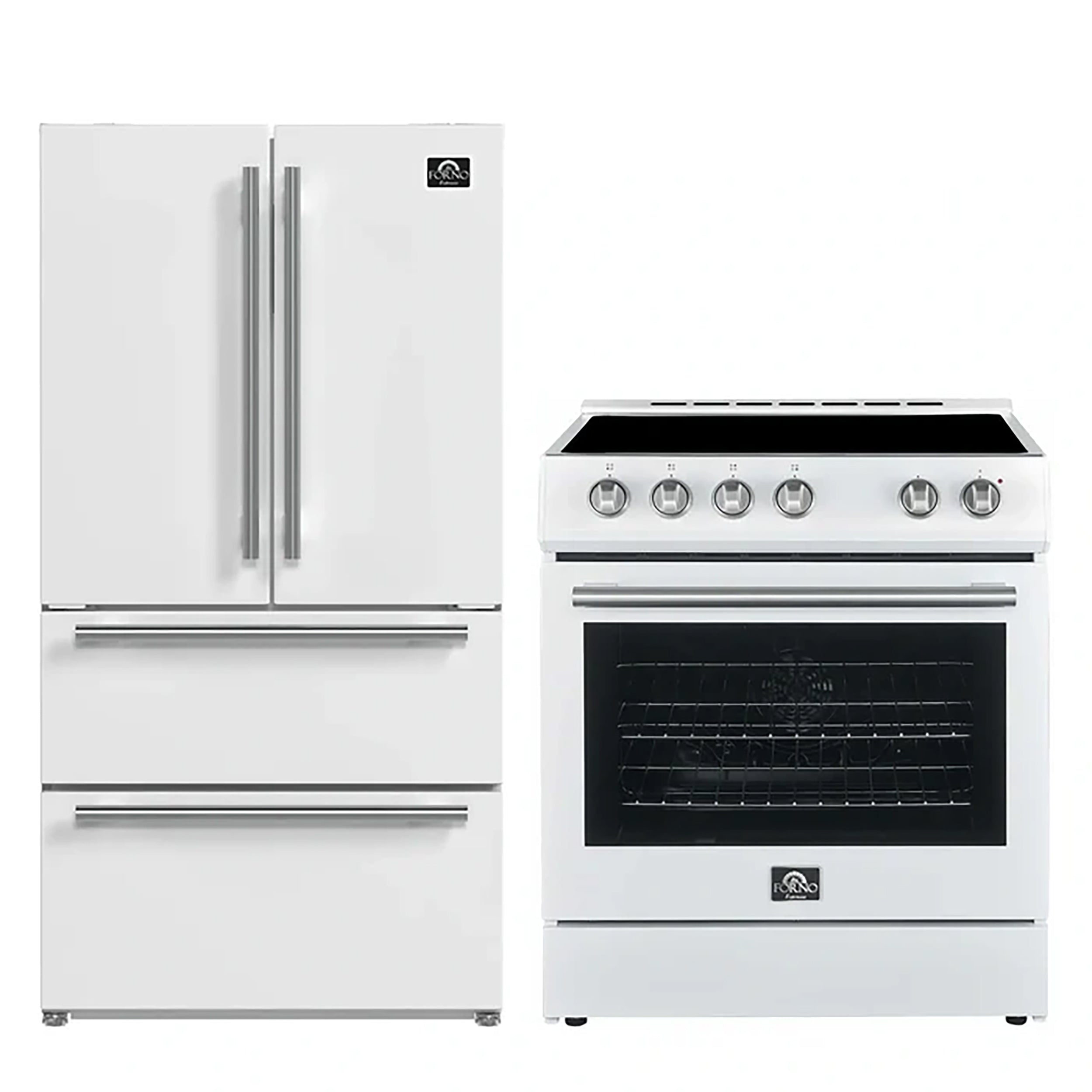 FORNO Premium 2 Pieces Kitchen Bundle - Leonardo Espresso 30-Inch White Electric Range, Moena Espresso 36-Inch White French Door Refrigerator