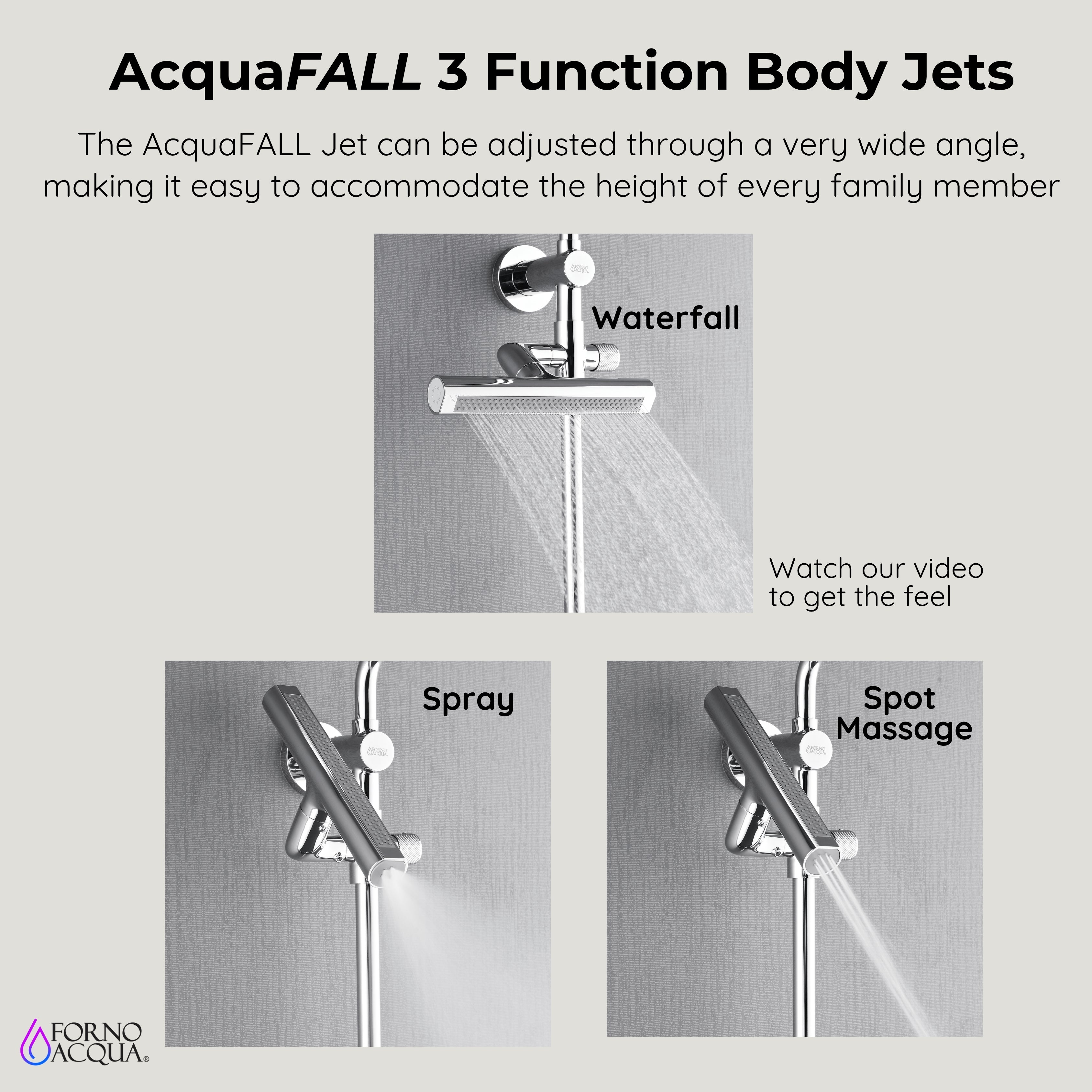 Forno Acqua AcquaFALL Shower, Brushed Nickel Finish, Overhead Rainfall Shower, Handheld Shower Head, Body Jets, 2.5 GPM Flow Rate