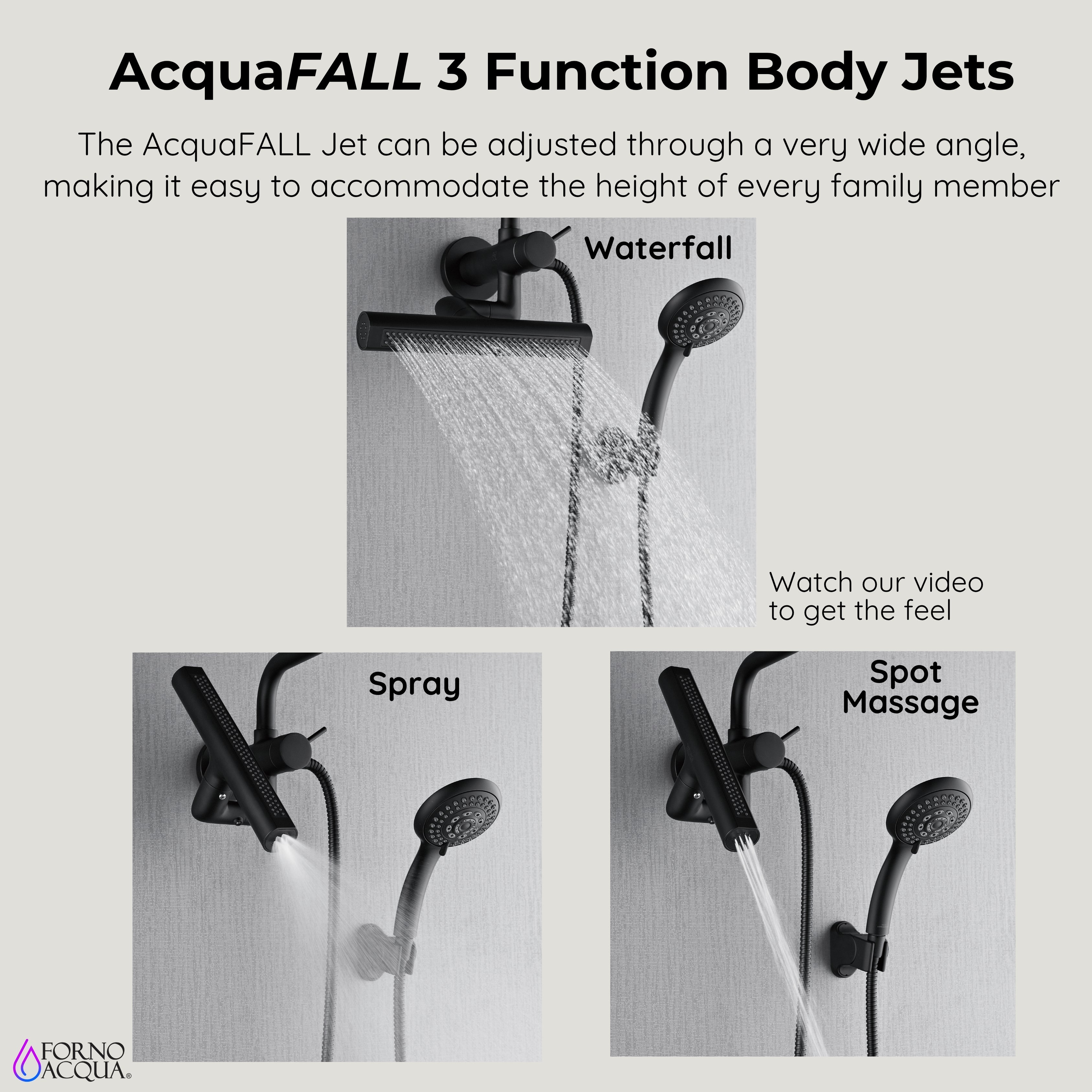 Forno Acqua AcquaFALL Mini 8 Inch Shower Head, Matte Black Finish, Overhead Rainfall Shower, Handheld Shower Head, Body Jets, 2.5 GPM Flow Rate