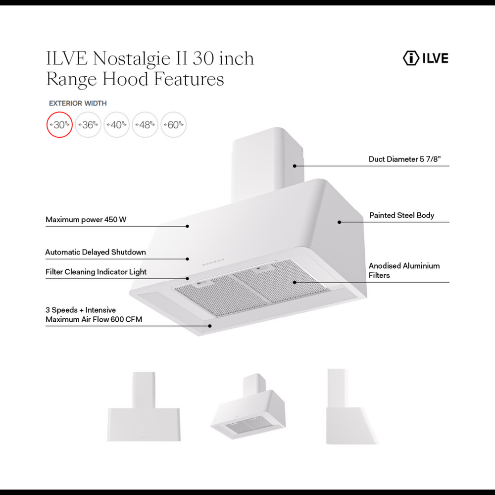 ILVE Nostalgie II 30 inch Wall Mount Range Hood with 600 CFM, 3 Speed + Intensive, Front LED Light Bar - image 10