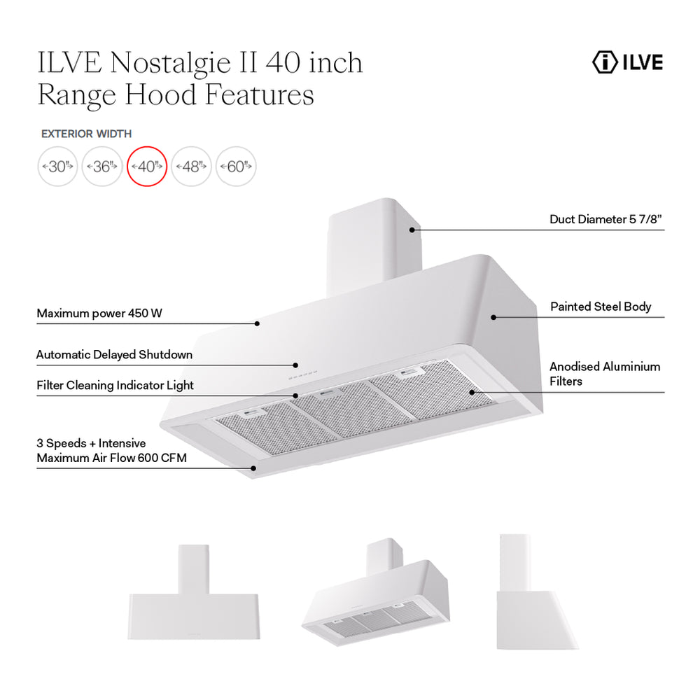 ILVE Nostalgie II 40 inch Wall Mount Range Hood with 600 CFM, 3 Speed + Intensive, Front LED Light Bar - image 10