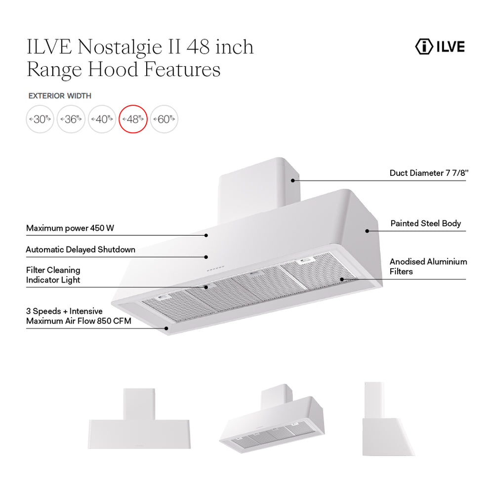 ILVE Nostalgie II 48 inch Wall Mount Range Hood with 850 CFM, 3 Speed + Intensive, Front LED Light Bar - image 10