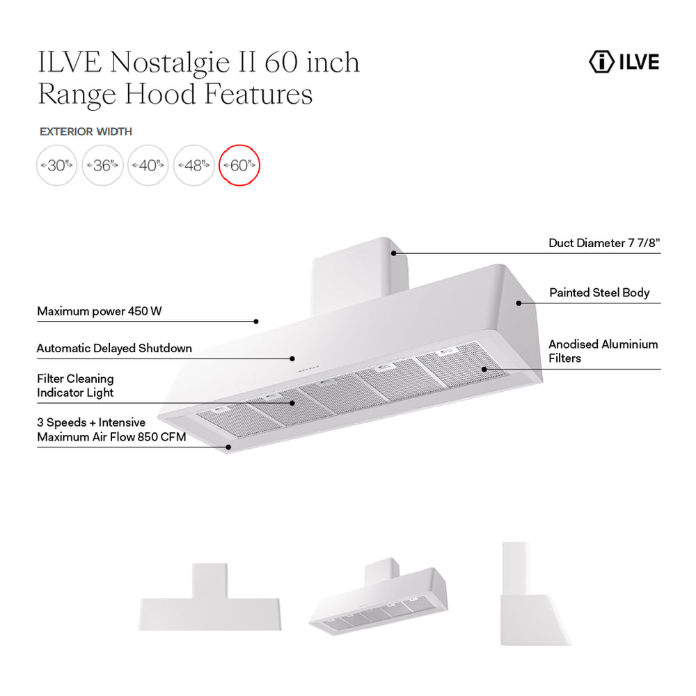ILVE Nostalgie II 60 inch Wall Mount Range Hood with 850 CFM, 3 Speed + Intensive, Front LED Light Bar - image 10