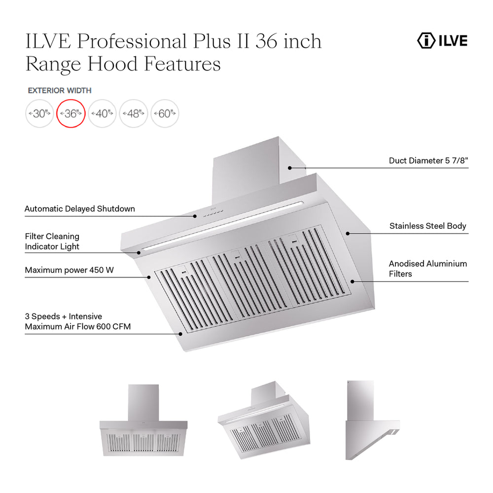 ILVE Professional Plus II 36 inch Wall Mount Range Hood with 600 CFM - image 2