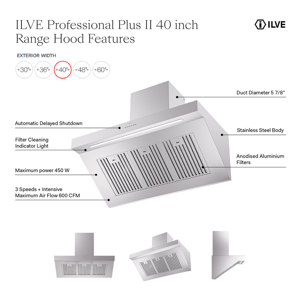 ILVE Professional Plus II 40 inch Wall Mount Range Hood with 600 CFM - image 2
