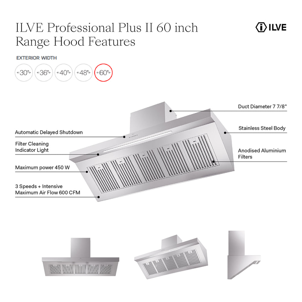 ILVE Professional Plus II 60 inch Wall Mount Range Hood with 600 CFM - image 2