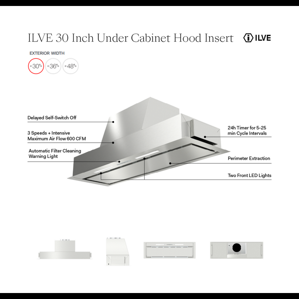 ILVE 30 inch Undercabinet Built-In Hood Insert with 600 CFM, 3 Speed Fan Speeds, Perimeter Extraction (Stainless Steel) - image 2