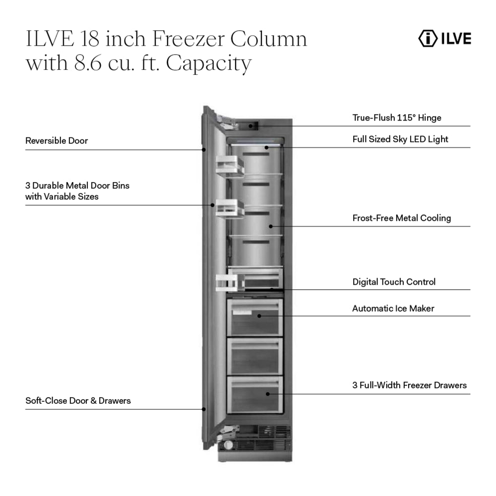 ILVE 18 inch Freezer Column with 8.6 cu. ft. Capacity, Automatic Ice Maker, up to 3.9 lb Daily Production, Full Size Ceiling LED Illumination Panel, Panel Ready - image 2