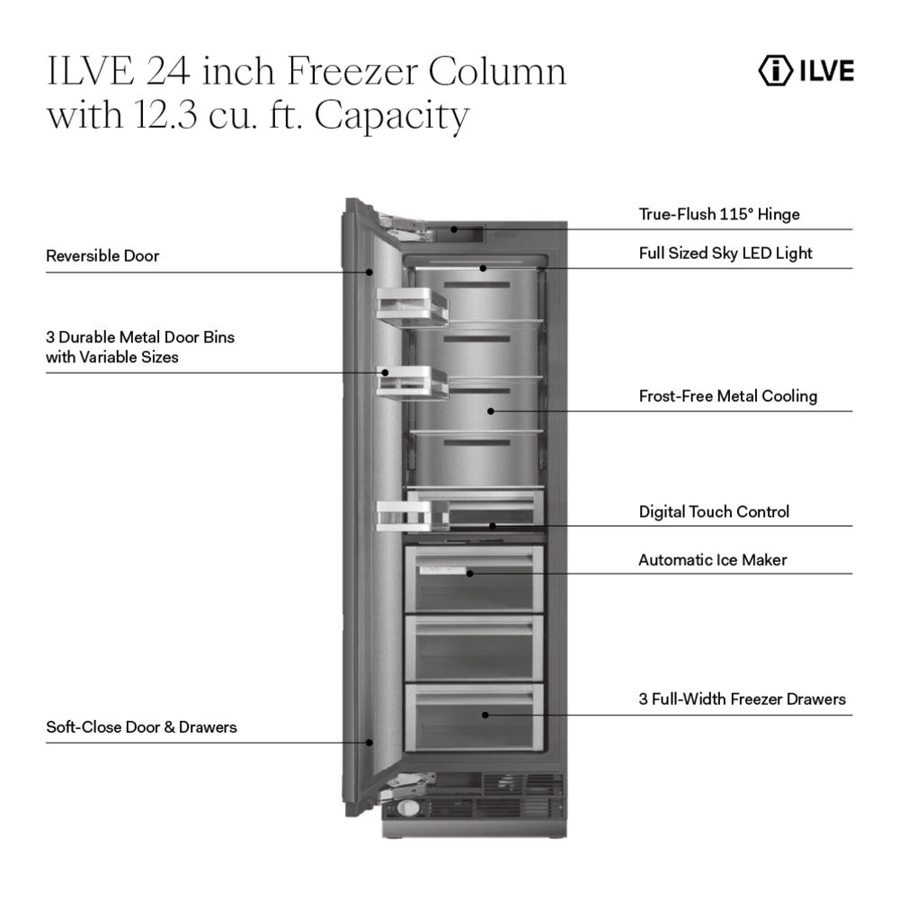ILVE 24 inch Freezer Column with 12.3 cu. ft. Capacity, Automatic Ice Maker, up to 3.9 lb Daily Production, Full Size Ceiling LED Illumination Panel, Panel Ready - image 2