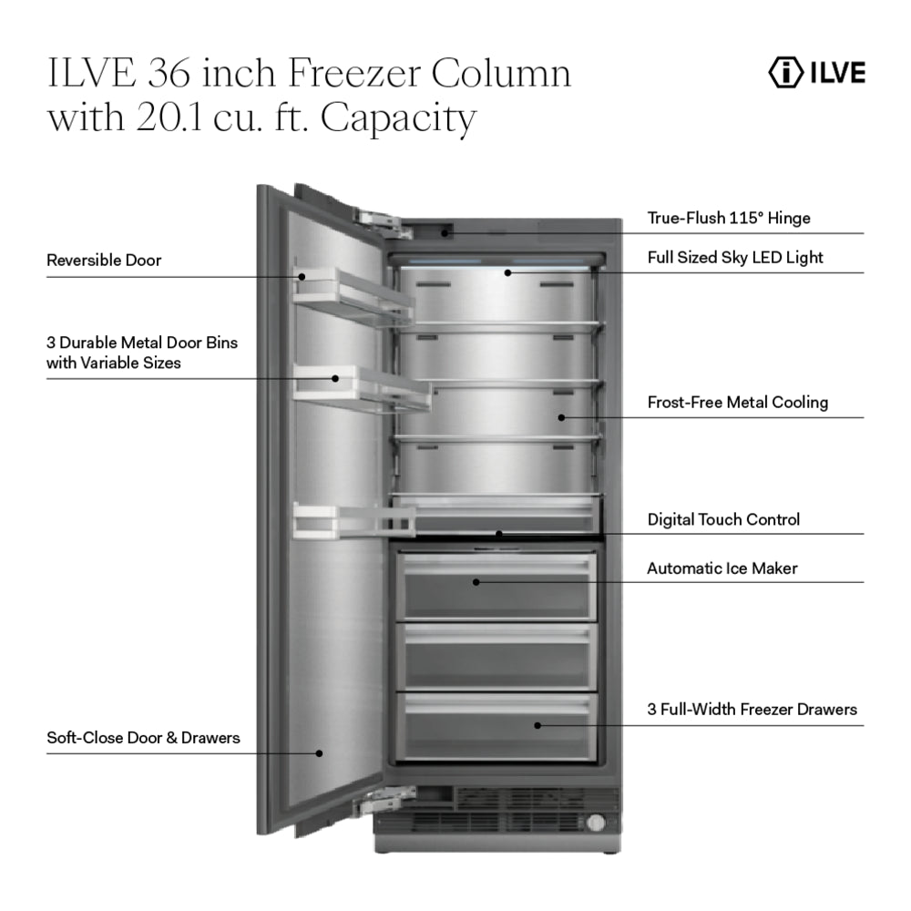 ILVE 36 inch Freezer Column with 20.1 cu. ft. Capacity, Automatic Ice Maker, up to 3.9 lb Daily Production, Full Size Ceiling LED Illumination Panel, Panel Ready - image 2
