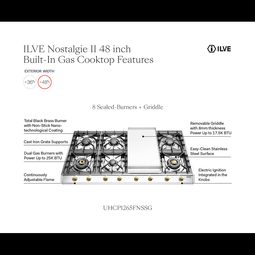 ILVE Nostalgie II 48 inch Gas Cooktop with 8 Burners, Griddle, in Stainless Steel - image 7