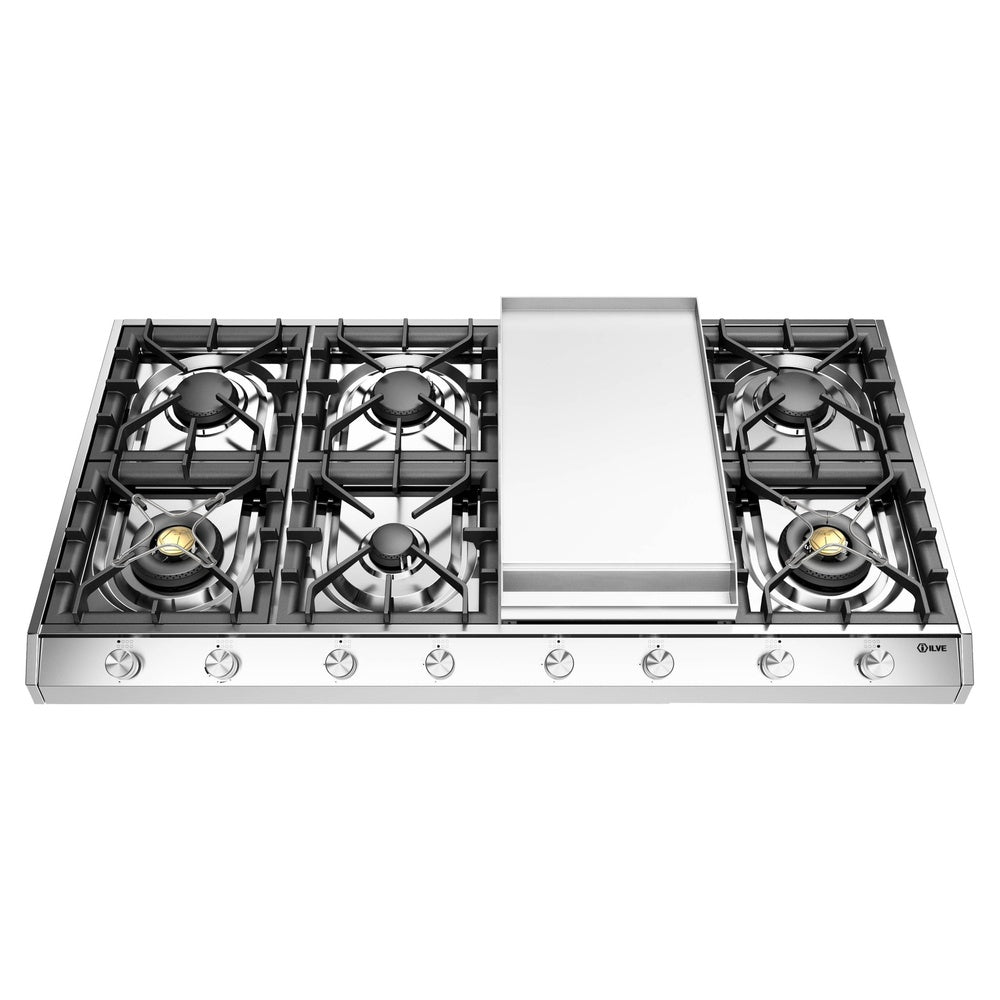 ILVE Professional Plus II 48 inch Gas Cooktop with Griddle, in Stainless Steel - UHCP1265FSS