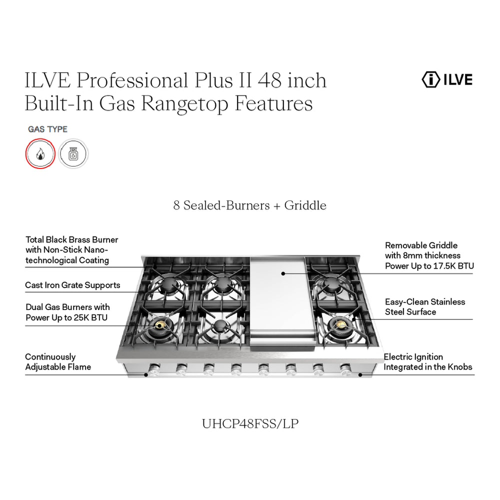 ILVE Professional Plus II 48 inch Built-In Gas Rangetop with Griddle, in Stainless Steel - image 3