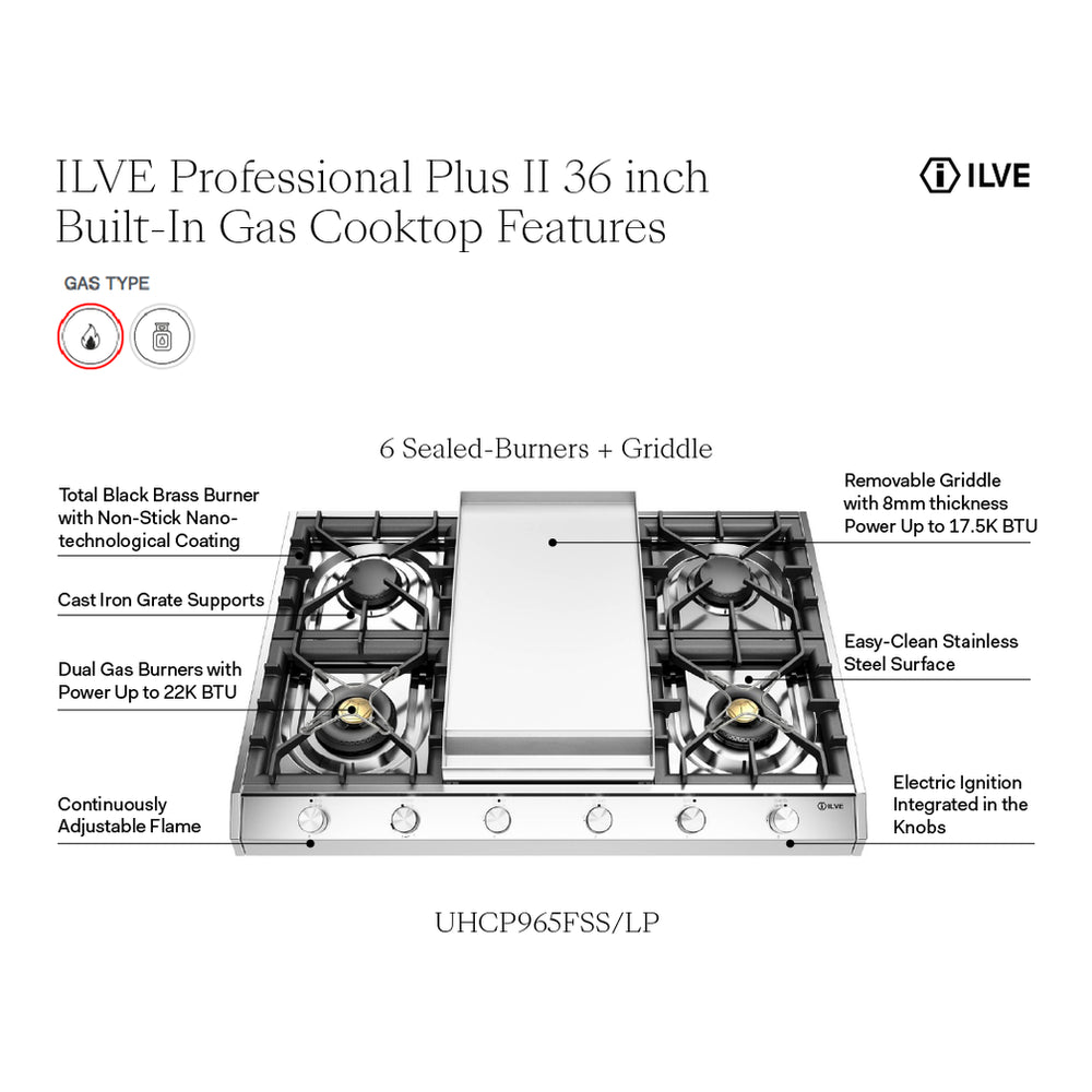 ILVE Professional Plus II 36 inch Gas Cooktop with Griddle, in Stainless Steel - image 3