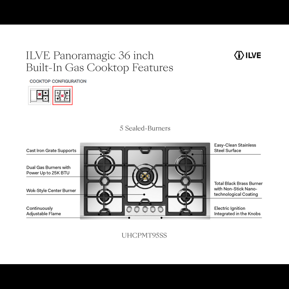 ILVE Panoramagic 36 inch Built-In Gas Cooktop with 5 Burners, in Stainless Steel - image 5