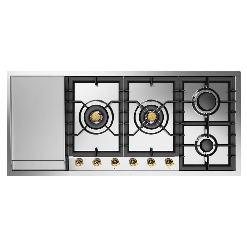 ILVE Nostalgie II 48 inch Built-In Gas Cooktop with Total Black Brass Burners, in Stainless Steel - UHCPT125FNSSG