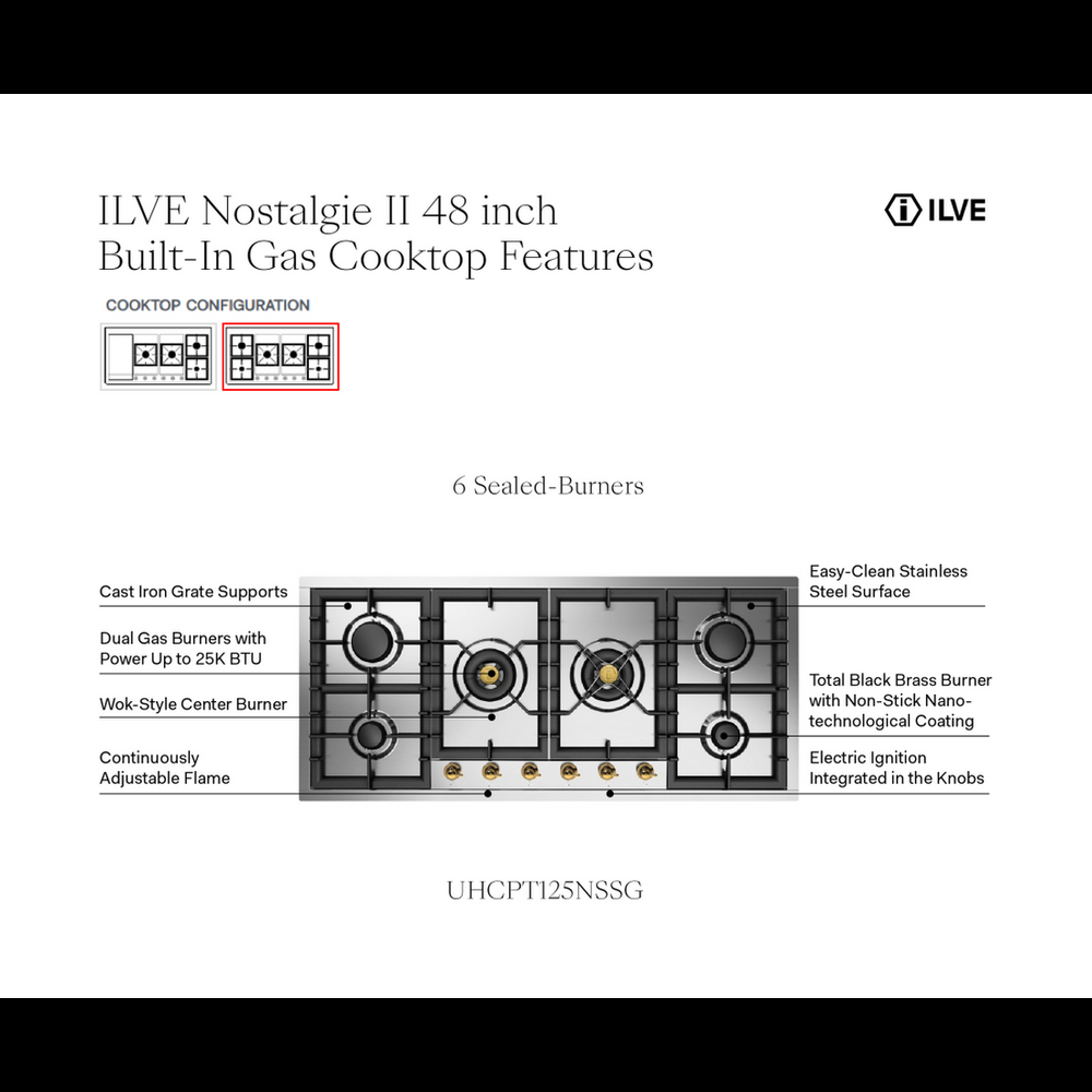 ILVE Nostalgie II 48 inch Built-In Gas Cooktop with Total Black Brass Burners, in Stainless Steel - image 9