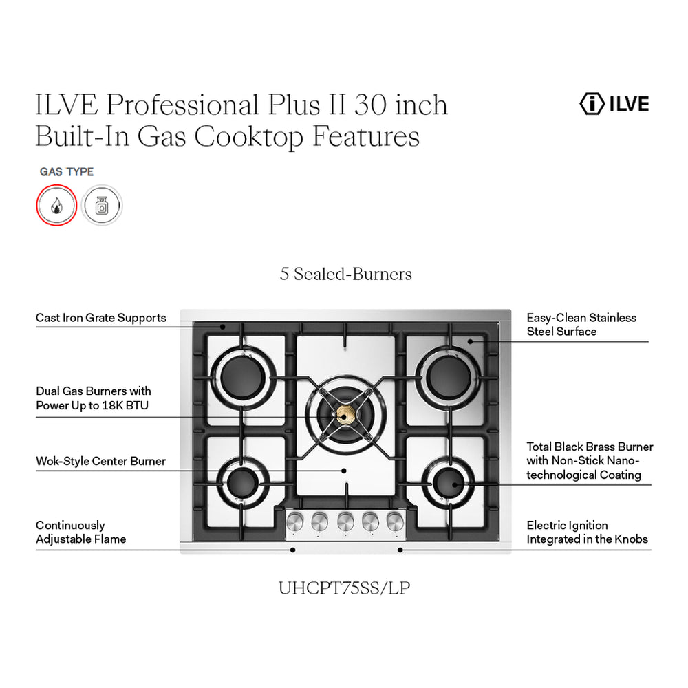 ILVE Professional Plus II 30 inch Built-In Gas Cooktop with 5 Burners, in Stainless Steel - image 3