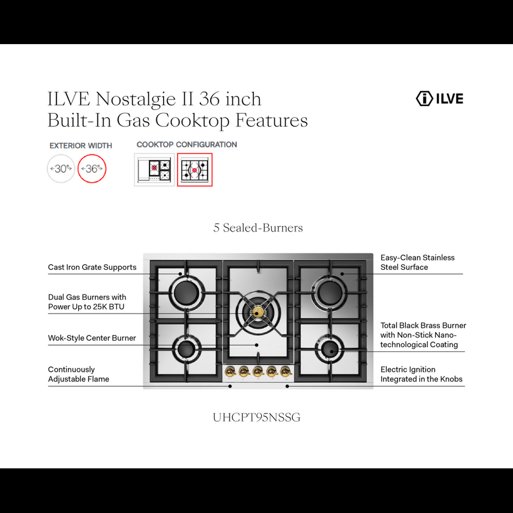 ILVE Nostalgie II 36 inch Built-In Gas Cooktop with Total Black Brass Burners, in Stainless Steel - image 9