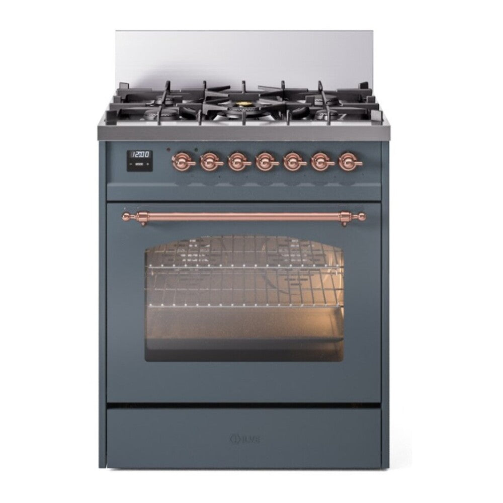 ILVE Nostalgie II 30" Dual Fuel Range - 5 Burners, 4.0 cu. ft. Oven - Triple Glass Door - Blue Grey / Copper / Natural Gas