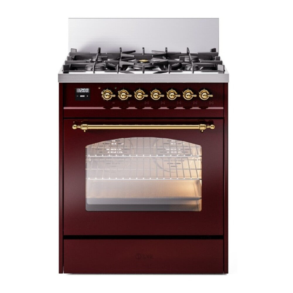ILVE Nostalgie II 30" Dual Fuel Range - 5 Burners, 4.0 cu. ft. Oven - Triple Glass Door - Burgundy / Brass / Natural Gas