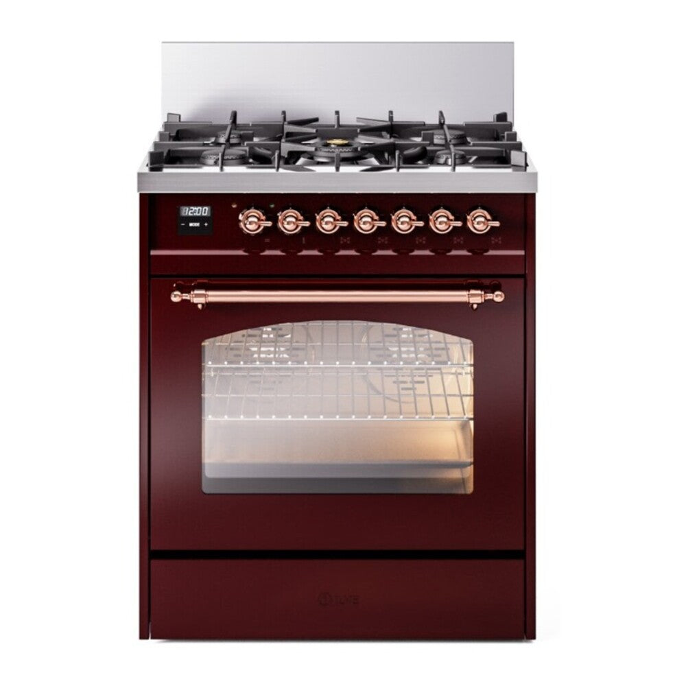 ILVE Nostalgie II 30" Dual Fuel Range - 5 Burners, 4.0 cu. ft. Oven - Triple Glass Door - Burgundy / Copper / Natural Gas