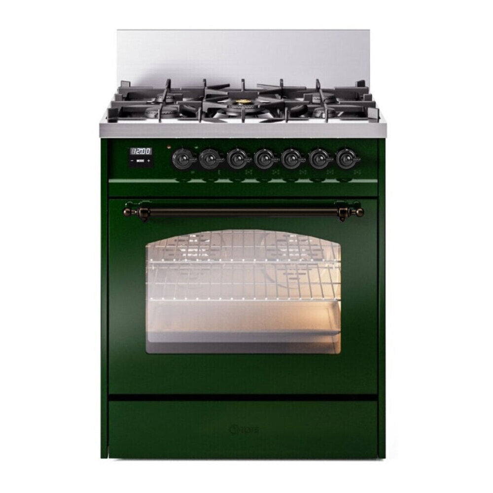 ILVE Nostalgie II 30" Dual Fuel Range - 5 Burners, 4.0 cu. ft. Oven - Triple Glass Door - Emerald Green / Bronze / Natural Gas