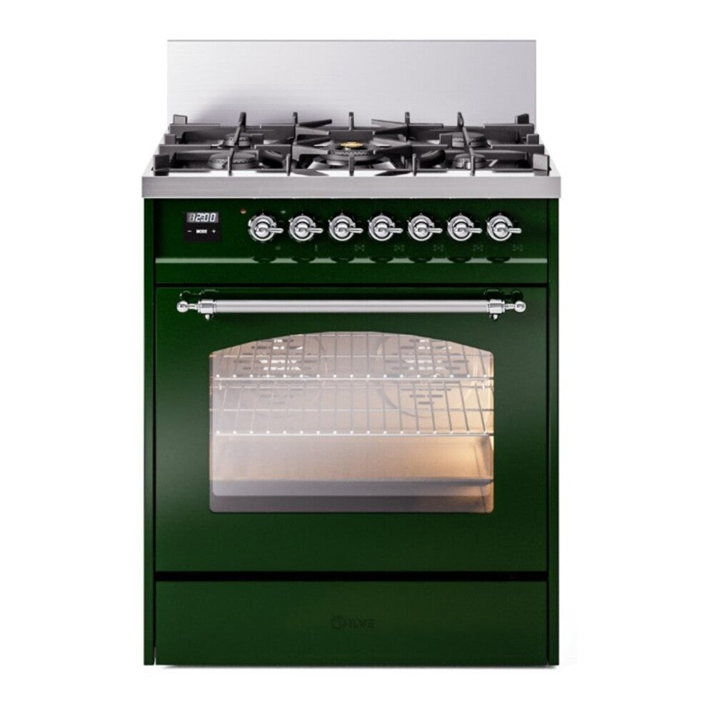 ILVE Nostalgie II 30" Dual Fuel Range - 5 Burners, 4.0 cu. ft. Oven - Triple Glass Door - Emerald Green / Chrome / Natural Gas
