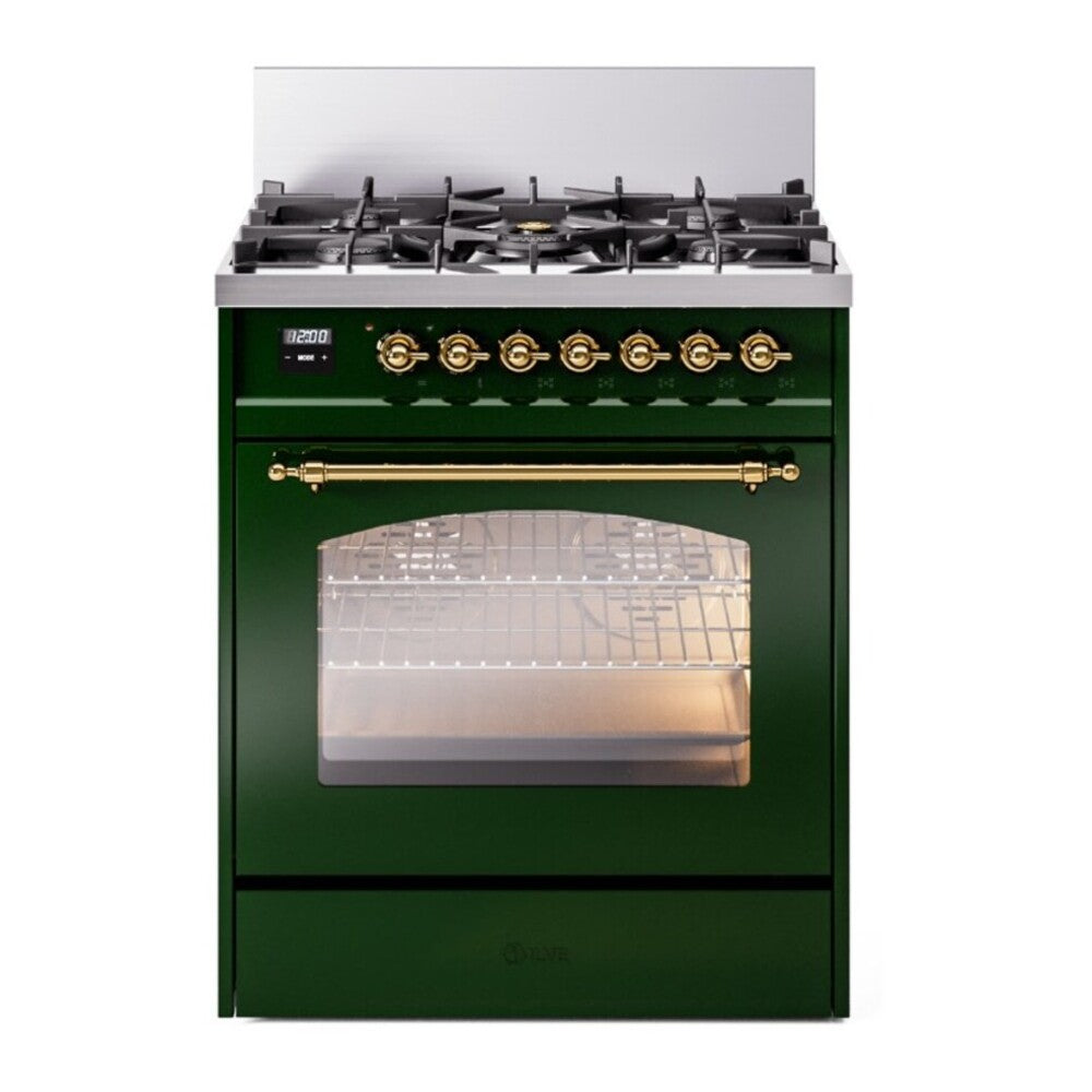 ILVE Nostalgie II 30" Dual Fuel Range - 5 Burners, 4.0 cu. ft. Oven - Triple Glass Door - Emerald Green / Brass / Natural Gas